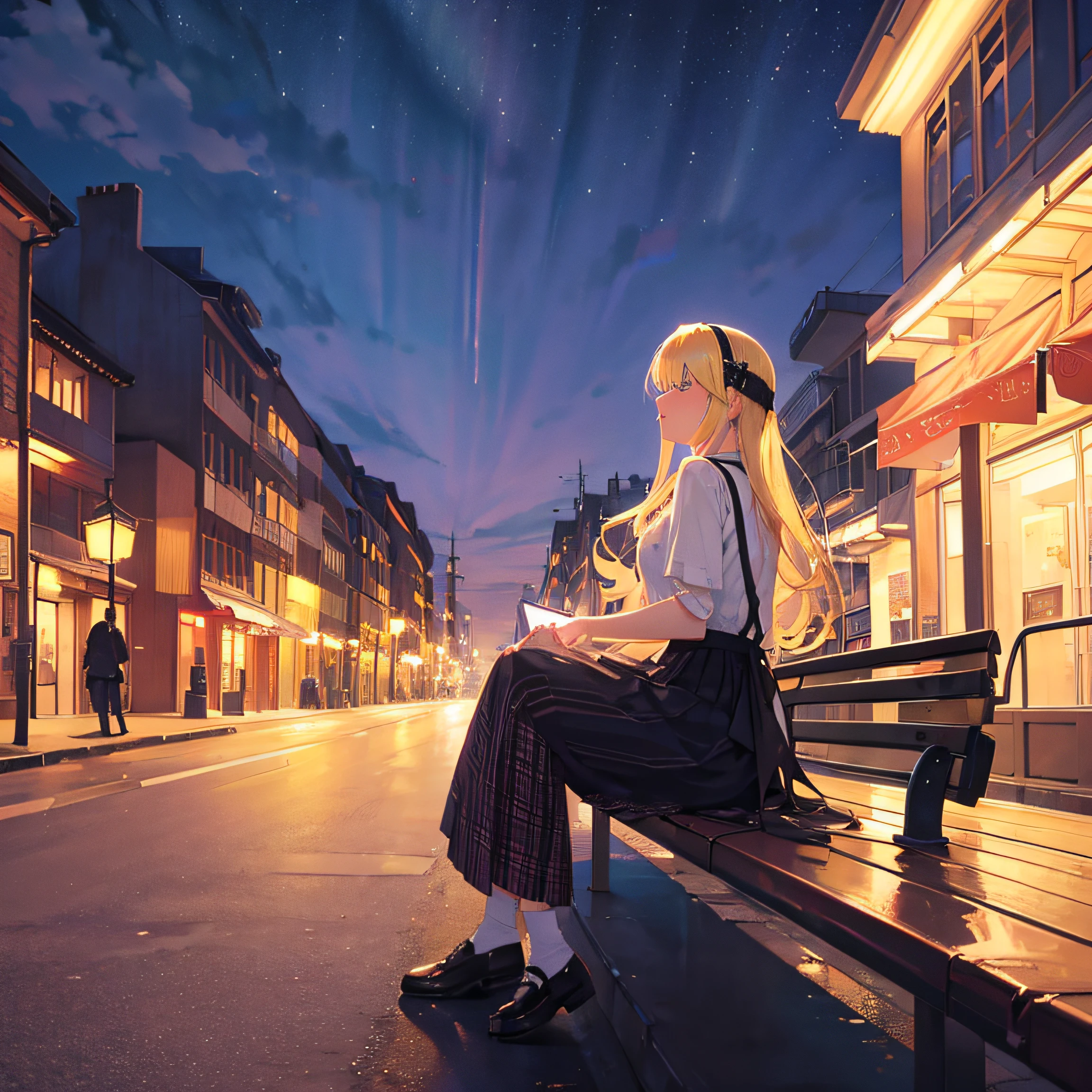 masterpiece, high quality, young girl, holding checked long skirt, digital camera, blonde, facing back, night, full body, center of screen, blindfold,anime ,aurora sky, night, sitting on a bench in the street,