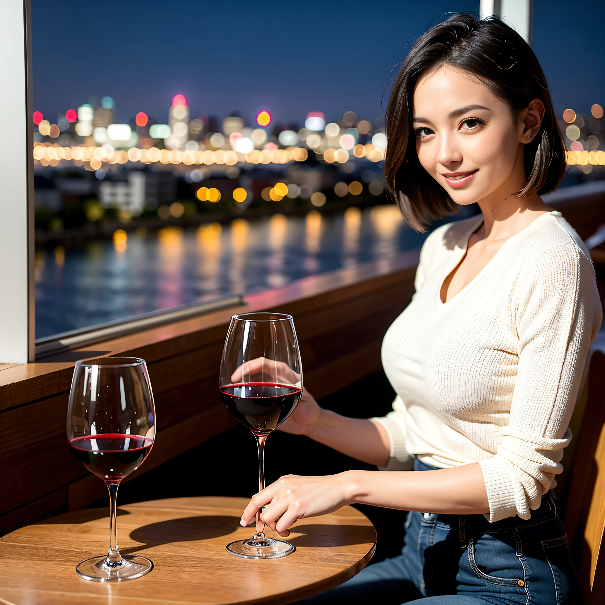 (64K, UHD, top quality, masterpiece: 1.2), (realistic, photorealistic: 1.37), super detailed, pretty woman 1 person, (slim face), (slim body), (brown hair), (short cut), cheeks slightly blushing, (44 years old), 38 years old, solo, beautiful detailed urban night view outside the window, restaurant, wine glasses sit, at night, in a prominent placeNovaFrogStyle, Actress, Model, Waist Up, White Wine, Slim, Wine Glass, Super Clean Night View, Wine Glass Put in the Middle, Happy Smile, (Smile: 1.15), Beautiful Fine Eyes, Upper Body, Bust Japan Up, Night, Short, Short, Actress, Model, Waist Up, White Wine, Slim, Wine Glass, Super Clean Night View, Wine Glass Put in the Middle, Happy Smile,