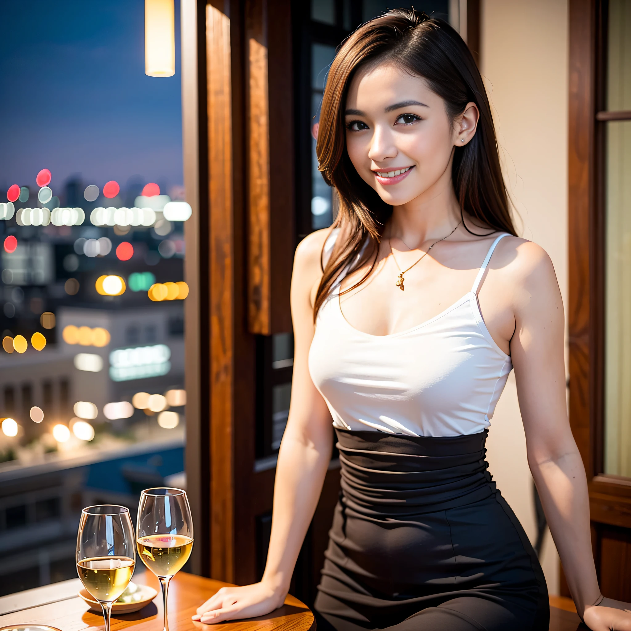 (64k uhd, nffsw, of the highest quality, masutepiece: 1.2), (Realistic, photoRealistic: 1.37), 1 pretty woman, (Slim Face), (slimボティ), (Brown hair), (short-cut), cheeks blush a little, (35 years old), 38 years, Solo, A beautiful and detailed night view spreads out outside the window.., restaurant, wine glassesが座っている, At night, In a prominent place (from waist up) NovaFrogStyle, actress, Model, waist-up, white wine, slim, wine glasses, Super Clean Night View, wine glasses Put in the Middle, Happy Smile, (Smile: 1.15), Beautiful fine eyes, Upper body, Bust Japan Up, Night, Short, Short, actress, Model, waist-up, white wine, slim, wine glasses, Super Clean Night View, wine glasses Put in the Middle, Happy Smile,