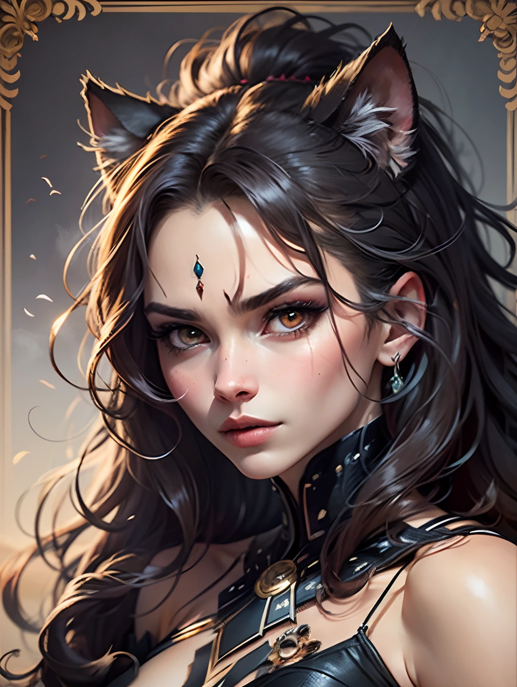 Arafed woman, half-human half-lion creature with bewitching charm, feline amber eyes, portrait inspired by the elegance of a panther, wild hair framing her face, sensual pose with piercing gaze, highlighting her feline allure and wild beauty. --auto --s2