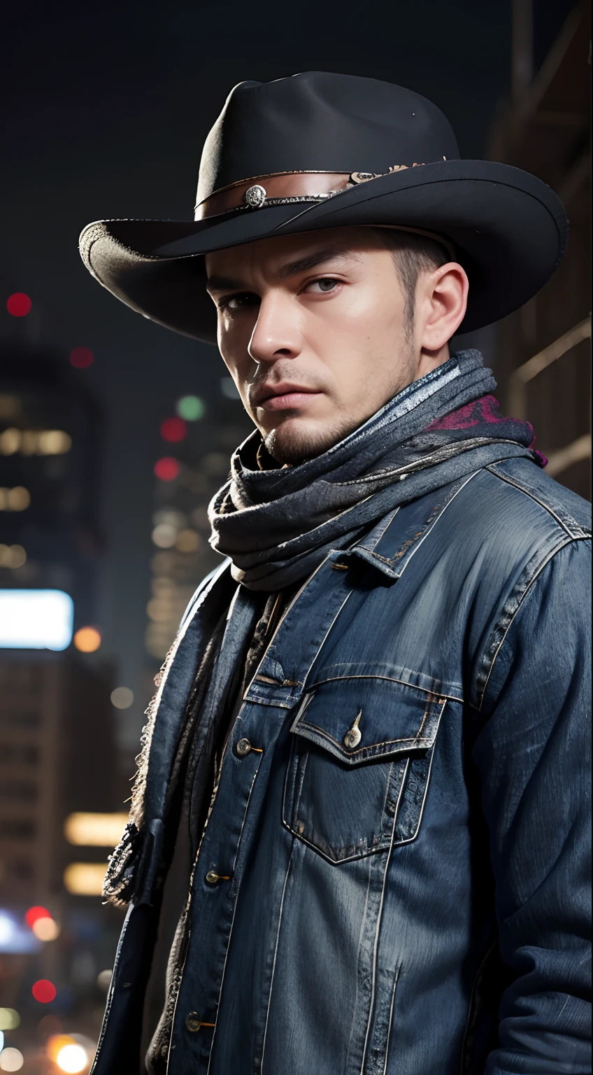 Handsome guy wearing a hat and scarf, art station trends, Wear punk clothes, Ultra-realistic detailed rendering, background blur, Urban style, scary pose, fashionable attire, urbansamurai,, Western denim specialty