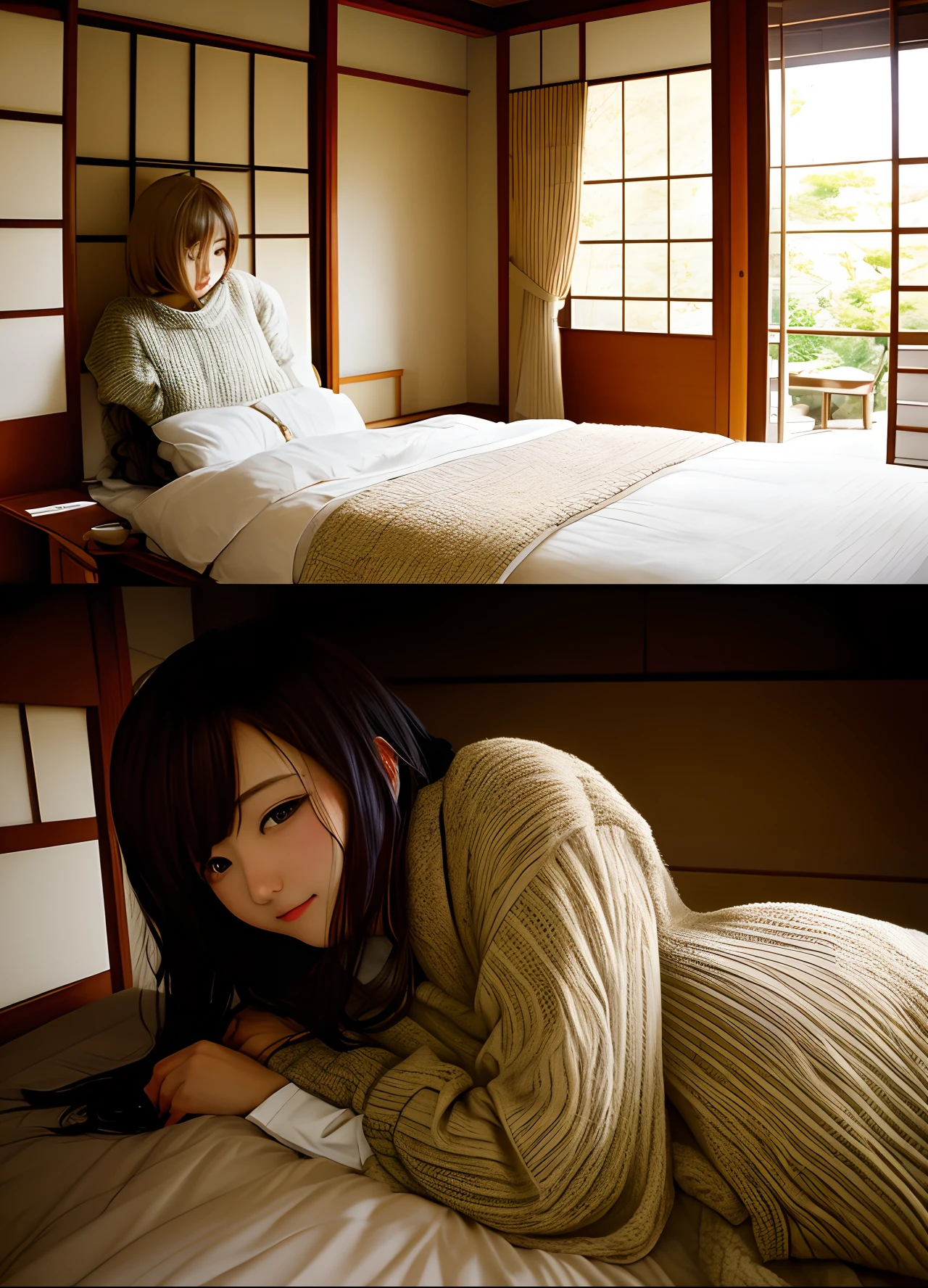 japanes、inside the house、a bed、Pattsun bangs、Beautie、A dark-haired、Low exposure、mole、high-necked、knit