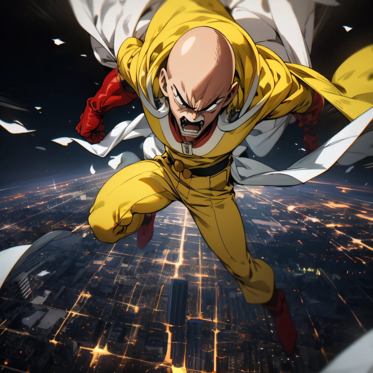 masterpiece, best quality, 1boy, (saitama), bald hair, black eyes, red gloves, yellow clothes, white cape, flying, angry face, aura power, night, natural light, flying, angry eyes, angry face, male focus, strong muscles, movie composition, flying, bokeh, (futuristic), (full body), city view, flying above the city, scary look, godly strenght