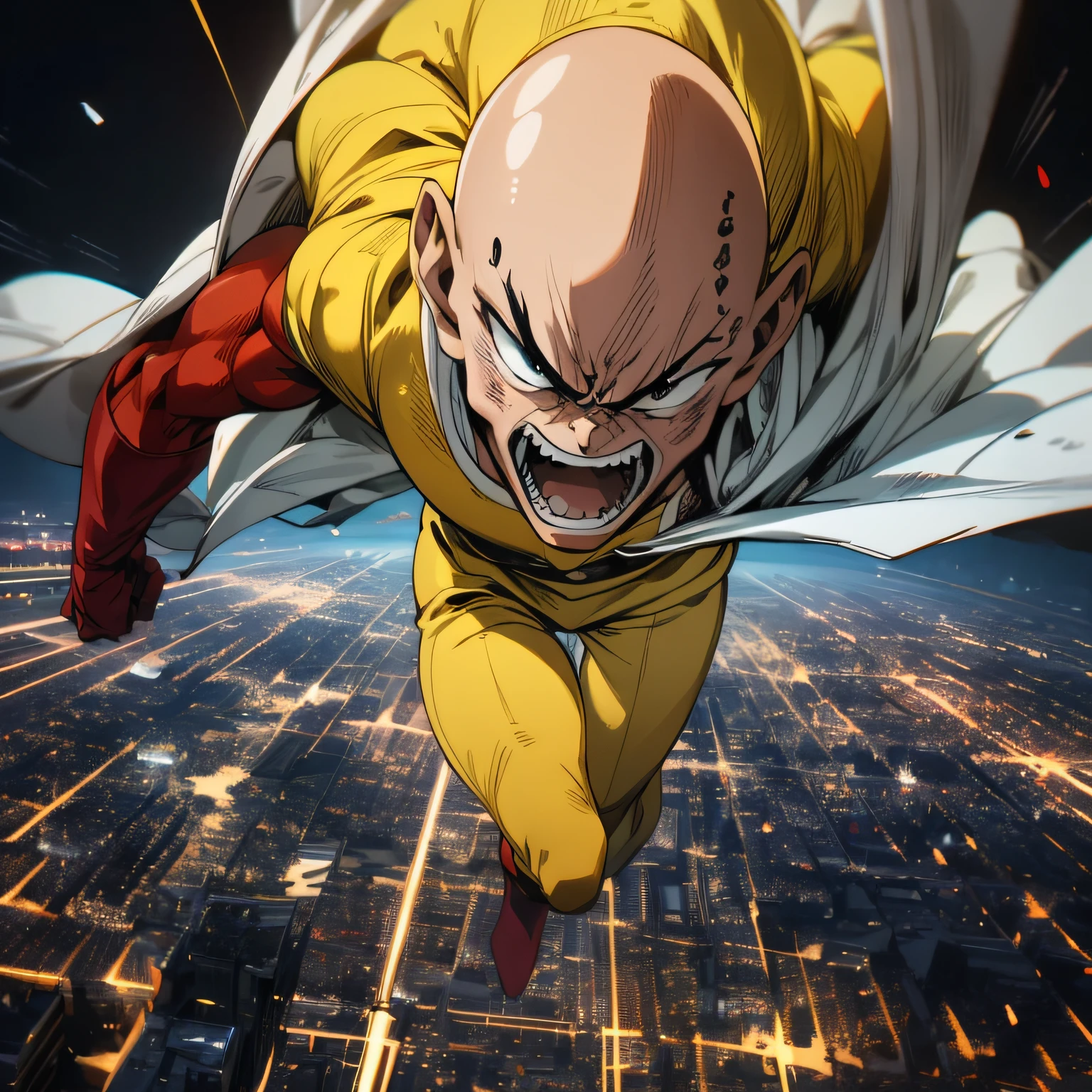 masterpiece, best quality, 1boy, (saitama), bald hair, black eyes, red gloves, yellow clothes, white cape, flying, angry face, aura power, night, natural light, flying, angry eyes, angry face, male focus, strong muscles, movie composition, flying, bokeh, (futuristic), (full body), city view, flying above the city, scary look, godly strenght