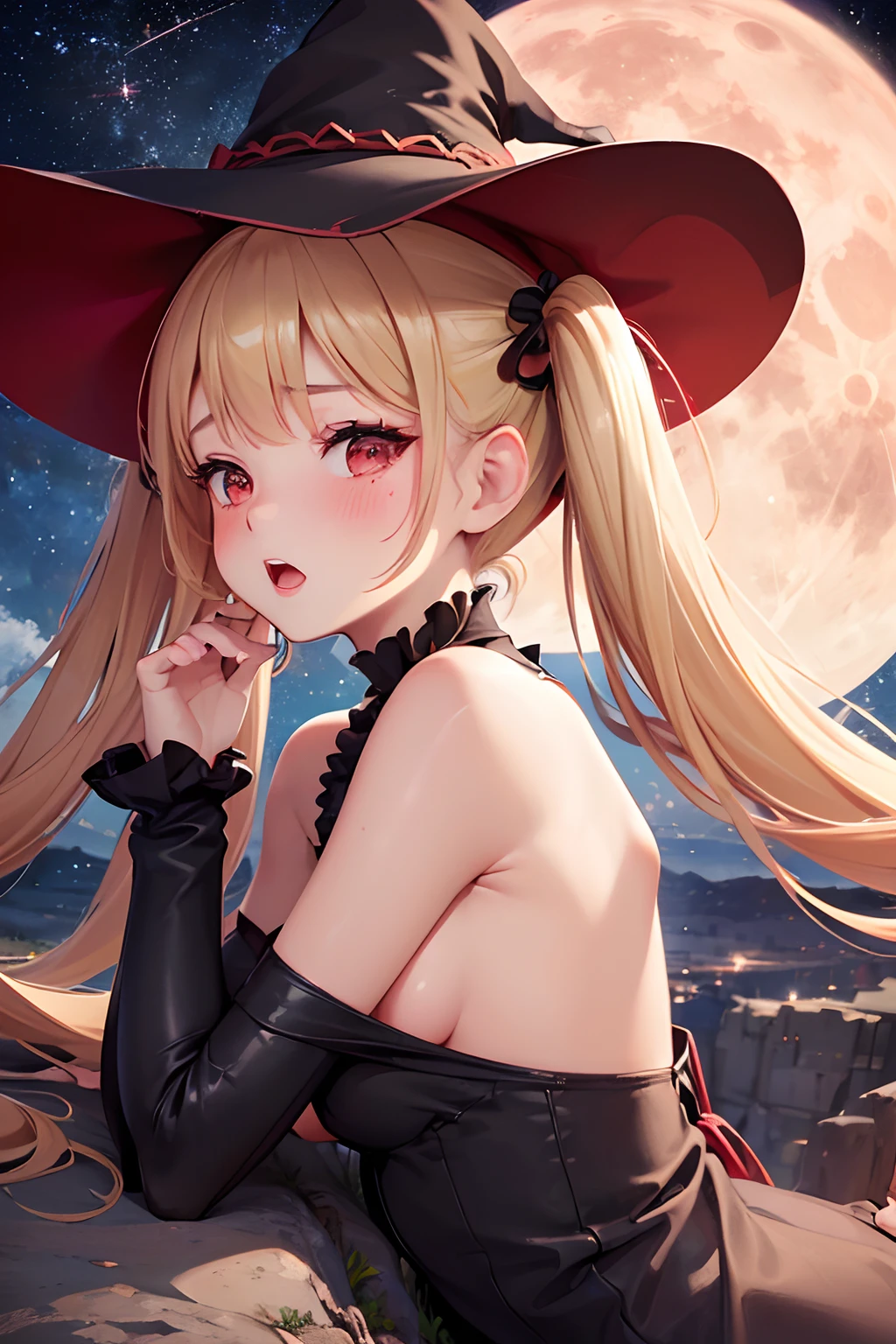 (((NSFW))),(((Petite girl with blonde twin tails))),((Red Off Shoulder Witch Dress)),1 girl,(masutepiece), (Best Quality), (Best Detail),, (((Big witch's hat))), Very detailed face, , Night , shading ,(((kosmos))),(((Lying))),(((Angle from the side))),,,(((milkyway,fullmoon))),(((The upper part of the body))),((涎)),(((open open mouth))),(((red blush))),