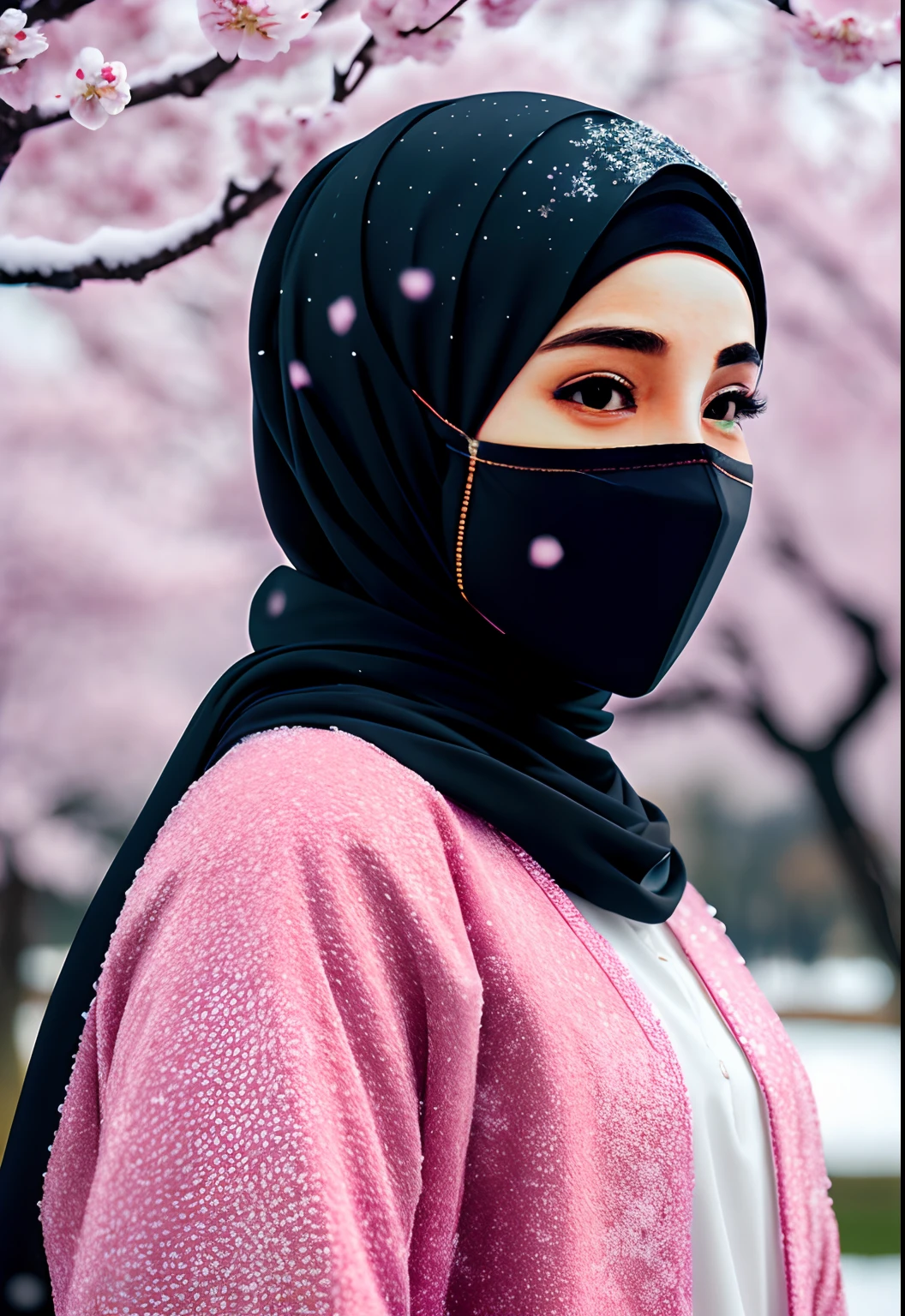 A beautiful 1girl wearing hijab and borkah with black mask in her face standing in front of a cherry blossoms tree, snow falling all around, cold weather, realistic photography, ultra hd clear, ultra realistic, ultra sharpness, ultra details, masterpiece, 8k.