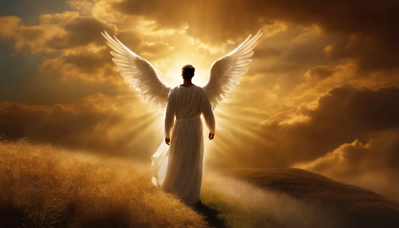 An angel was coming down from heaven with great power, And the earth shone with his glorious splendor. Fantasy Bright Field
The male angel exclaimed in a mighty voice. Speaking to millions of people,An angel looking ahead, floating in air,Hundreds of thousands of people stand below.