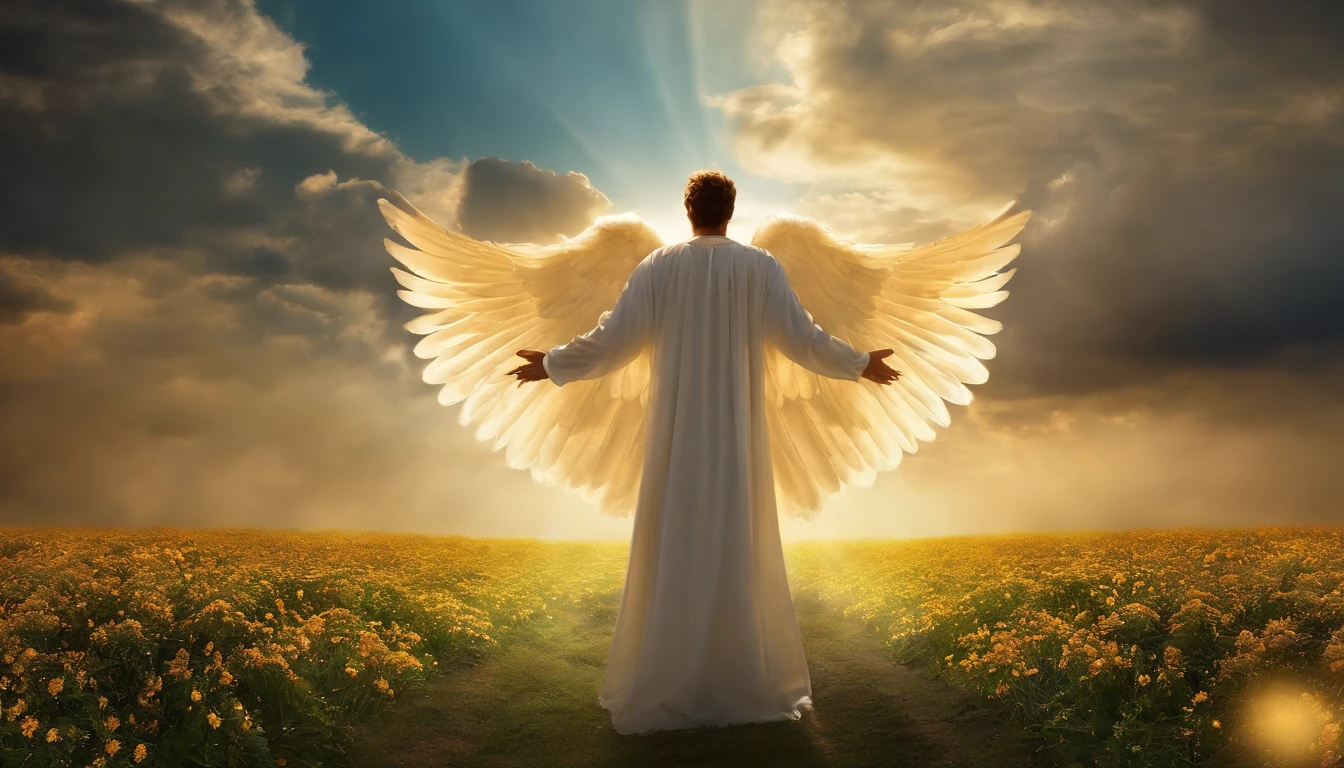 An angel was coming down from heaven with great power, And the earth shone with his glorious splendor. Fantasy Bright Field
The male angel exclaimed in a mighty voice. Speaking to millions of people,An angel looking ahead, floating in air,Hundreds of thousands of people stand below.