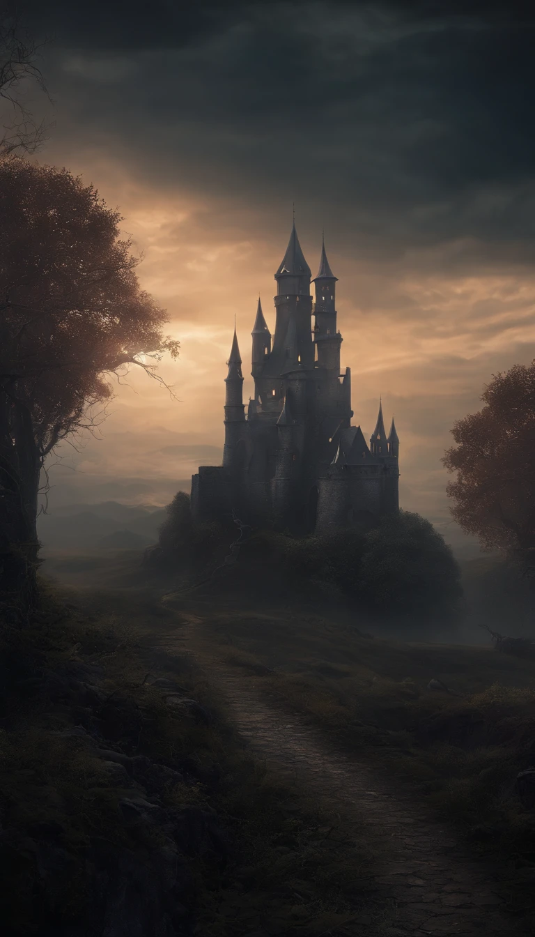 A dark and foreboding fantasy landscape, featuring a haunted and abandoned castle, with twisting vines, ghostly apparitions, and a foreboding atmosphere that creates a sense of mystery and intrigue, artstation, digital illustration, highly detailed, trending, dark colors