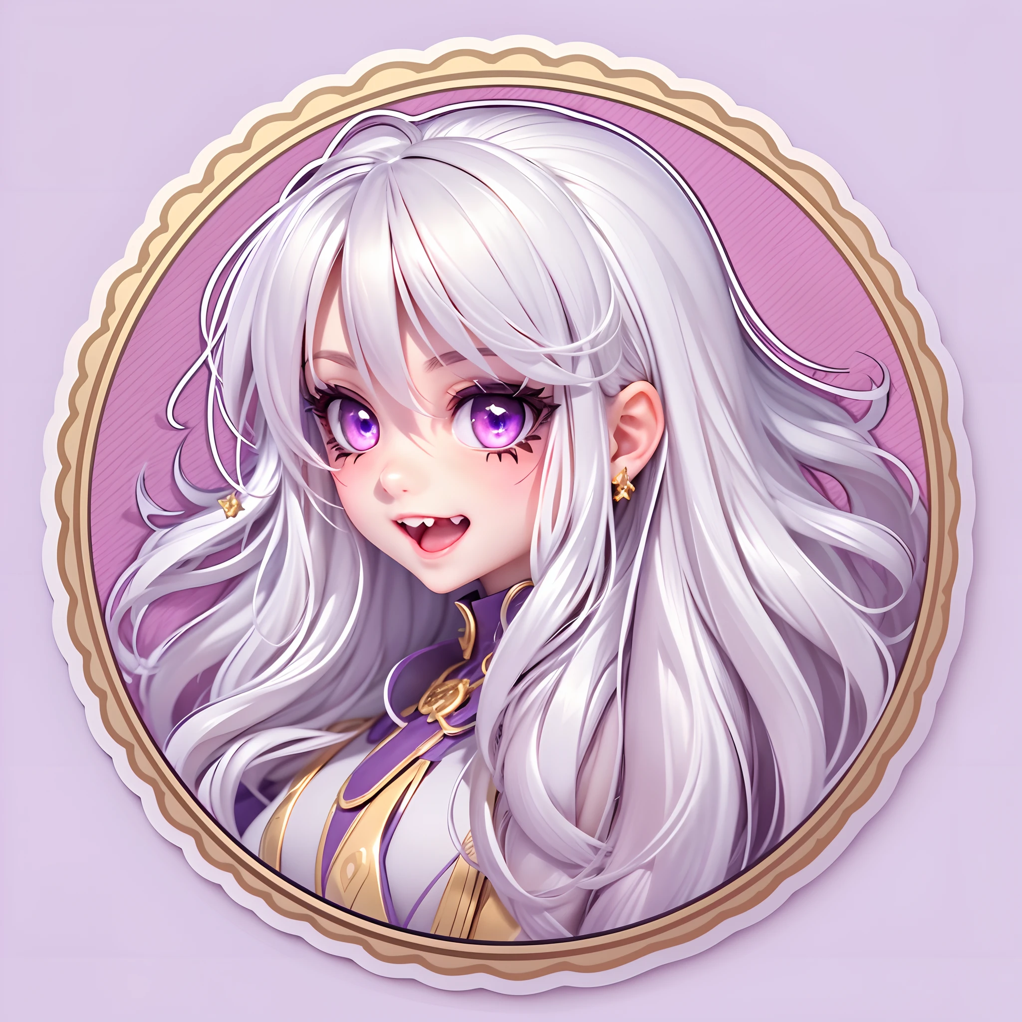 (Sticker),White background,(in circle), (3D anime vampires), long layered silvery white hair,Light purple eyes，joyful expressions，cute clothing.Gold border,Simple, Ultra detailed, Detailed drawing, vectorised, Silhouette, 8K, professional sticker design, Flat design, Vector lines, Sticker, Drawing, Drawing, Full-HD