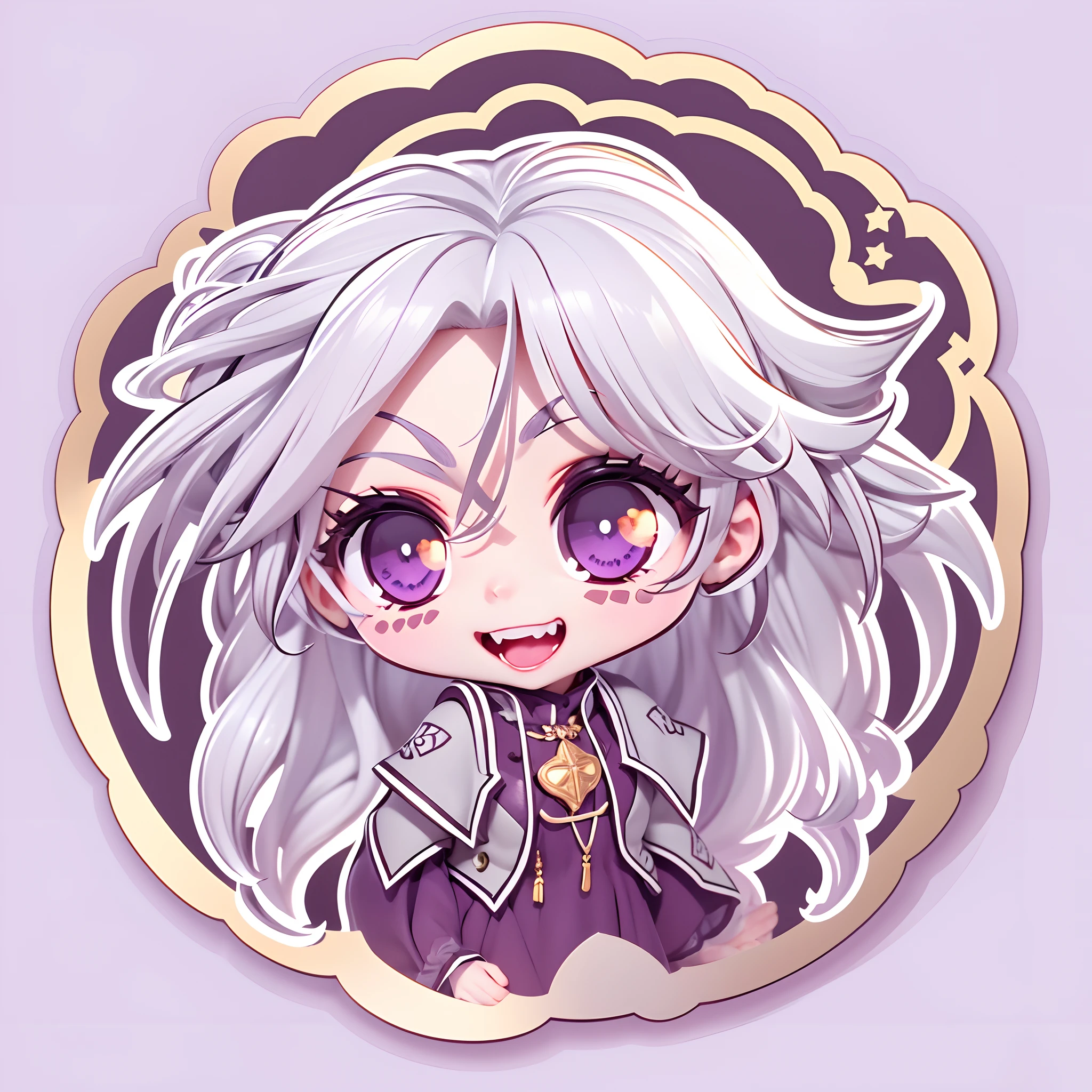 (Sticker),White background,(in circle), (3D anime vampires), long layered silvery white hair,Light purple eyes，joyful expressions，cute clothing.Gold border,Simple, Ultra detailed, Detailed drawing, vectorised, Silhouette, 8K, professional sticker design, Flat design, Vector lines, Sticker, Drawing, Drawing, Full-HD