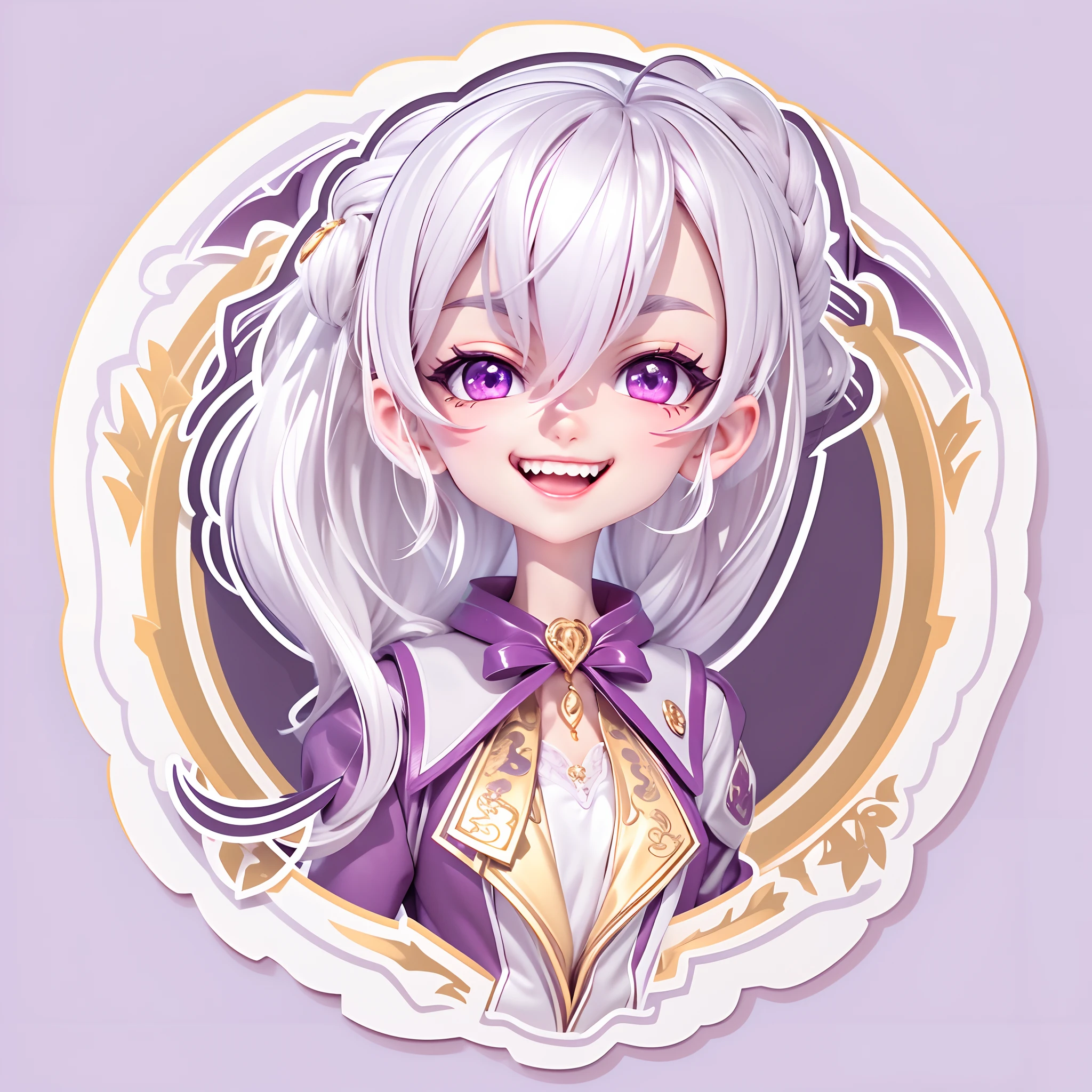 (Sticker),White background,(in circle), (3D anime vampires), long layered silvery white hair,Light purple eyes,joyful expressions,cute clothing.Gold border,Simple, Ultra detailed, Detailed drawing, vectorised, Silhouette, 8K, professional sticker design, Flat design, Vector lines, Sticker, Drawing, Drawing, Full-HD