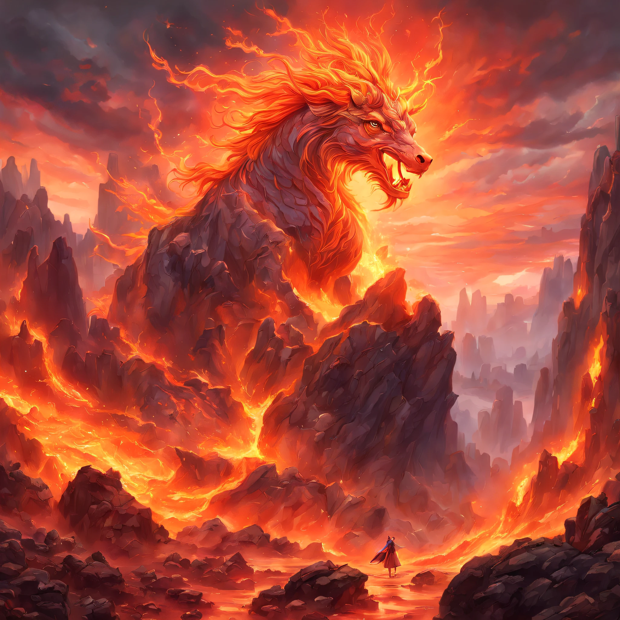 (Stickers)，(Sticker)，(Best quality,Masterpiece, iintricate,Hyper-detailing,8K  UHD,超高分辨率，extremely detailed CG unity wallpaper) ,Great Wilderness East Meridian，Fire unicorn，Fire unicorn in volcanic lava，Surrounded by lightning，Stand on volcanic lava，The peaks are steep，Strange rocks，salama，magma，Dreamland Wonderland、fanciful，Riding，Traditional Chinese elements，Illustrative myths，Fuyao Legend，Dappled light，Hazy haze，mystical aura，tmasterpiece，k hd，Rich in color，Detailed details，Seven colors