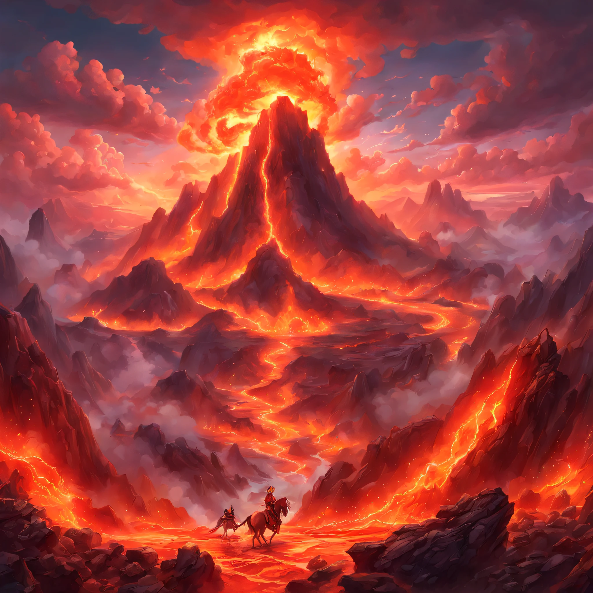 (Stickers)，(Sticker)，(Best quality,Masterpiece, iintricate,Hyper-detailing,8K  UHD,超高分辨率，extremely detailed CG unity wallpaper) ,Great Wilderness East Meridian，Fire unicorn，Fire unicorn in volcanic lava，Surrounded by lightning，Stand on volcanic lava，The peaks are steep，Strange rocks，salama，magma，Dreamland Wonderland、fanciful，Riding，Traditional Chinese elements，Illustrative myths，Fuyao Legend，Dappled light，Hazy haze，mystical aura，tmasterpiece，k hd，Rich in color，Detailed details，Seven colors