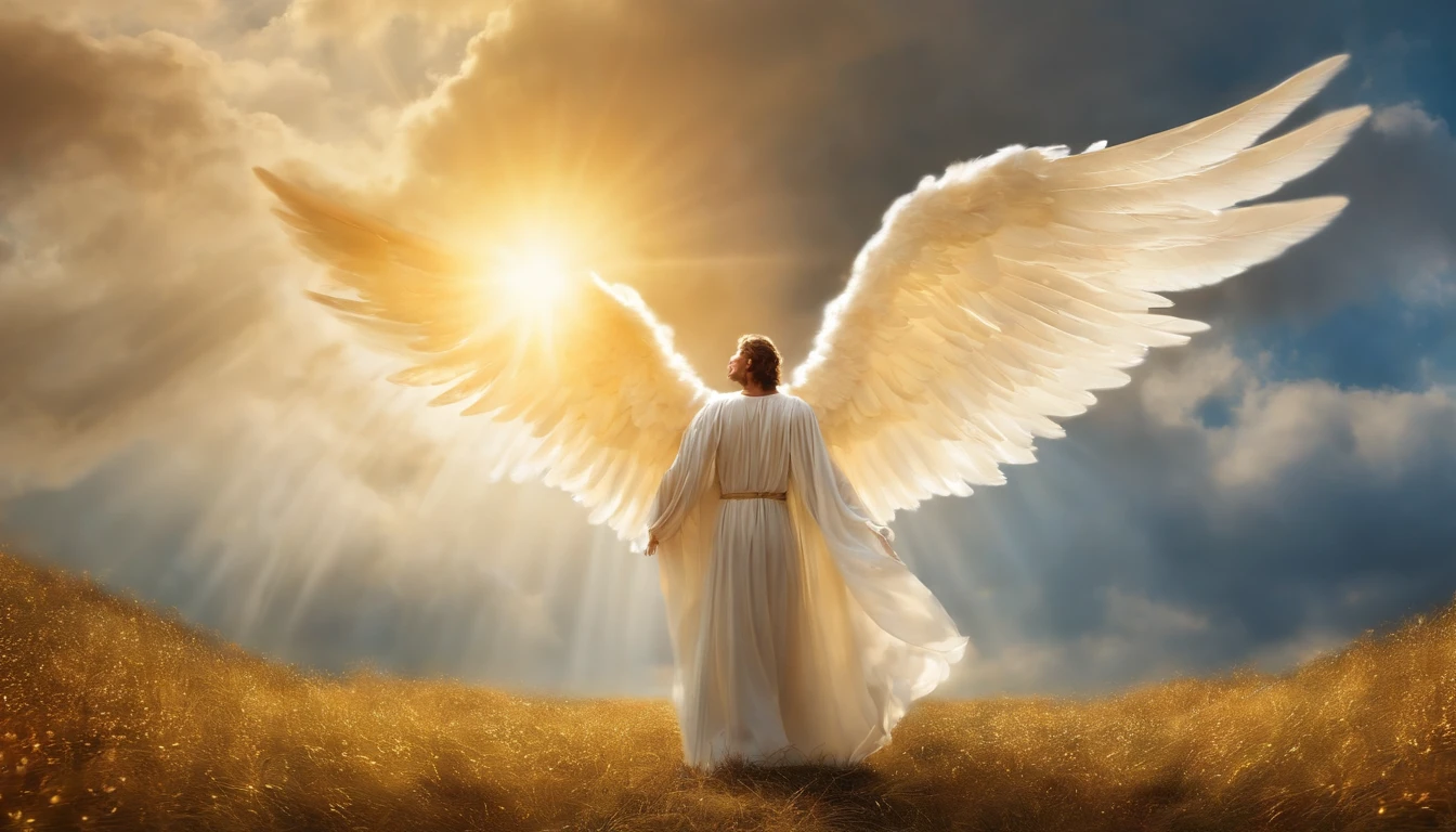 An angel was coming down from heaven with great power, And the earth shone with his glorious splendor. Fantasy Bright Field
The male angel exclaimed in a mighty voice. Speaking to millions of people,An angel looking ahead, floating in air,Hundreds of thousands of people stand below.