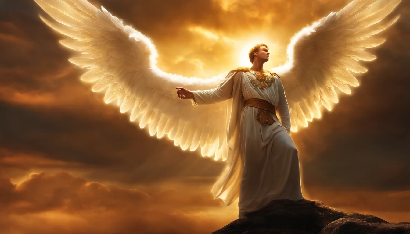 There is a painting of an angel with wings in the sky, majestic full-length angel man, dressed in white and red clothes, accurate biblical angel, Archangel Gabriel, angel protecting on guard, Angel Spirit Guide, angelic, Archangel Gabriel, man, winged human, Epic Angel Wings, beautiful angel, angel, bright angelic being, angelic, Angel theme, High Angel distant shot, biblical setting, warrior angel, with a trumpet in his right hand, long white hair, white robes Roman soldier style , angel looking 40 years old and majestic, lilies.