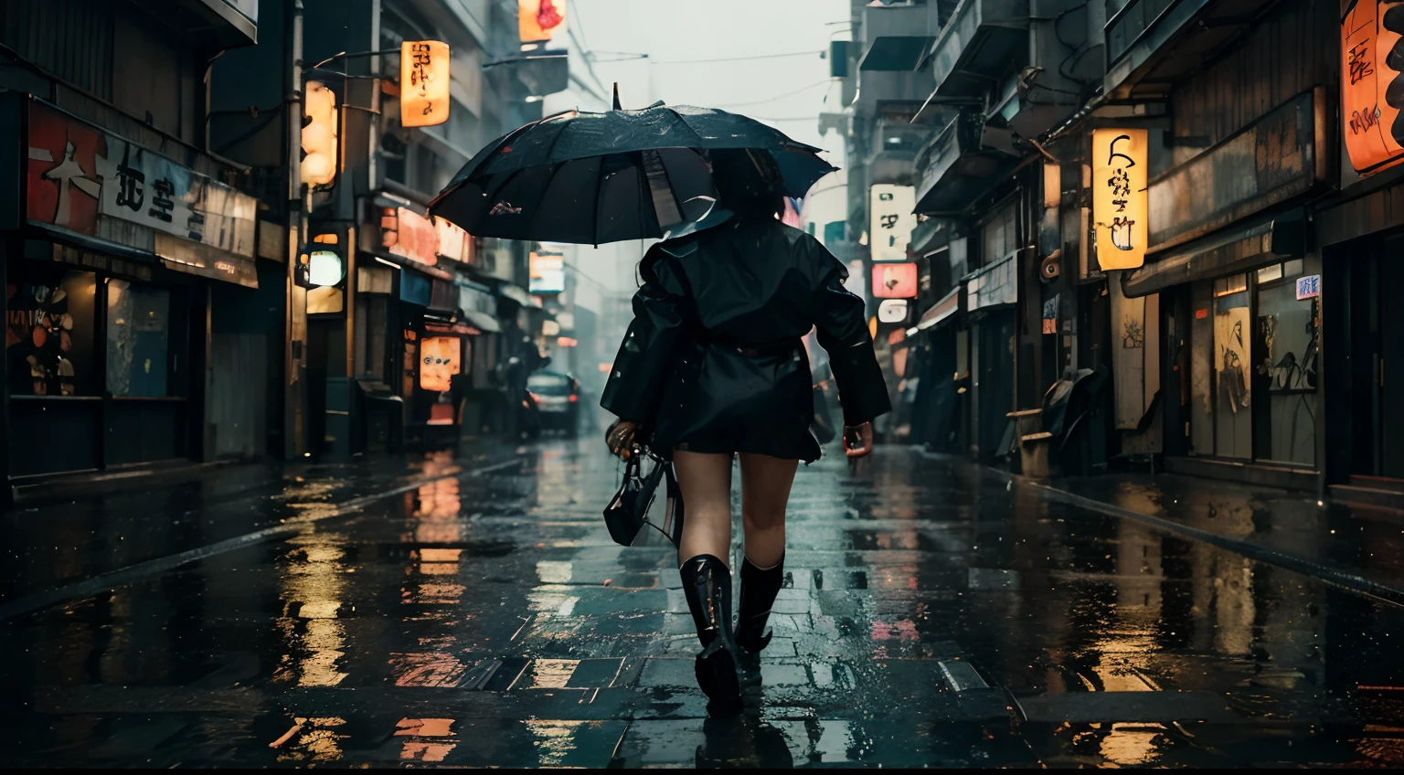 (best quality, masterpiece), lonely ally in futuristic Japanese cyberpunk city from sci-fi movie, woman with umbrella, empty street, Rain, rainy, night, dark, Rain, Japanese, Japanese signs, neon signs, blade-runner style, intricate, hyper-detailed, realistic, ultra-realistic, high quality, ultra detail, crazy detail, photo realism, 8k