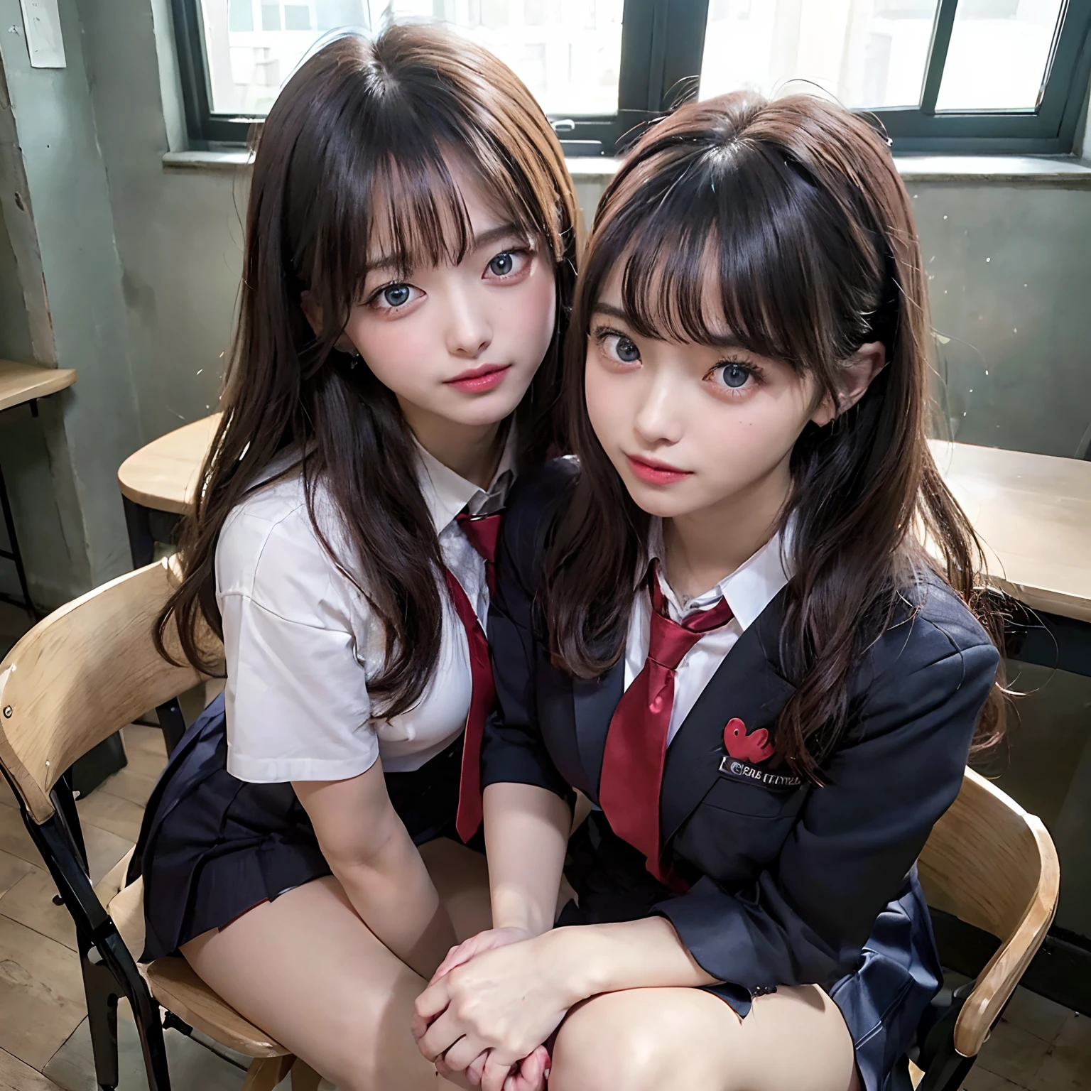 (8K, Raw photography, top-quality, masterpiece:1.2), master piece, best quality, illustration, Super detailed, fine details, High resolution, 8K,wall paper, perfect dynamic composition,(Details High quality, realistic depiction of eyes:1.3), ((2 girls, 2 schoolgirls)), The background is a luxury hotel room、High school girl uniform、blazer 、Super Short Check Uniform Skirt、Navy blue high socks、garterbelts、Colossal tits、Disturbed uniform, Play with each other,Touching each other's bodies,Touching the body of the girl next door, short bob hair, black hair color, huge breasts, Big Natural Color Lip, bold sexy pose, (perfect body shape), crying a little、cold gaze, Beautiful makeup,glitter makeup,Cutest 18 years old, beautiful legs, hposing Gravure Idol, Voluptuous thighs