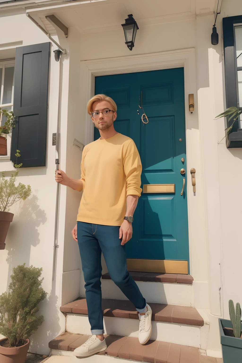 year: 2023. Location: Sweden. Pre-Raphaelite scene with a 35-year-old man, blonde, frekles, glasses, ((on top of a metalic ladder)), in front of terraced houses, ((((casual Clothing from the 2020s)))) ((Hairstyle of the 2020s)), (((in the style of "OMITB")))