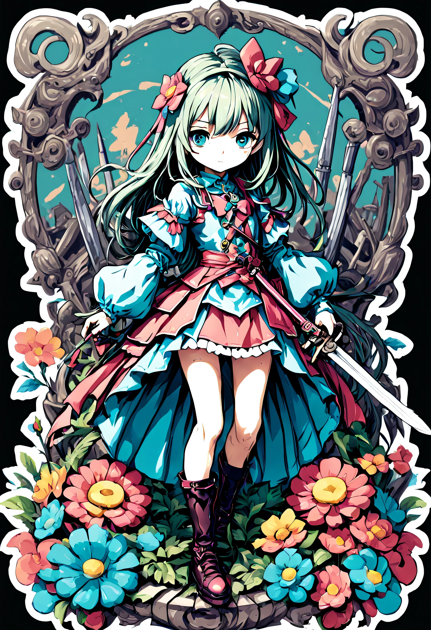 1girll, With a sword, style of anime，Stickers，Sticker，Dreamland Wonderland、fanciful，tmasterpiece，k hd，Rich in color，Detailed details，Seven colors
