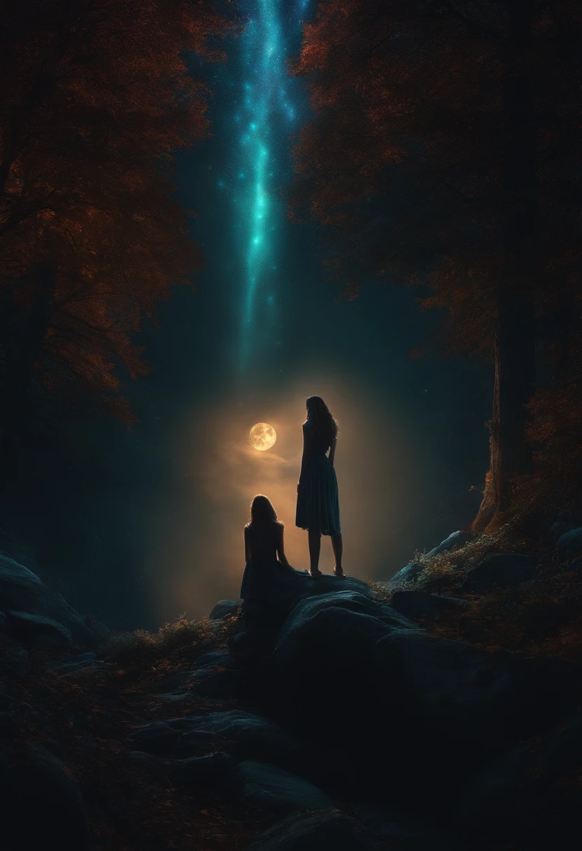 Megalophobia. Beautifuls girls looking down on earth, eye in the sky, shady figures looking up, eerie, Creepy, nightmarish, Very bright colors, Light particles, with light glowing, Mshiff, wallpaper art, UHD wallpaper