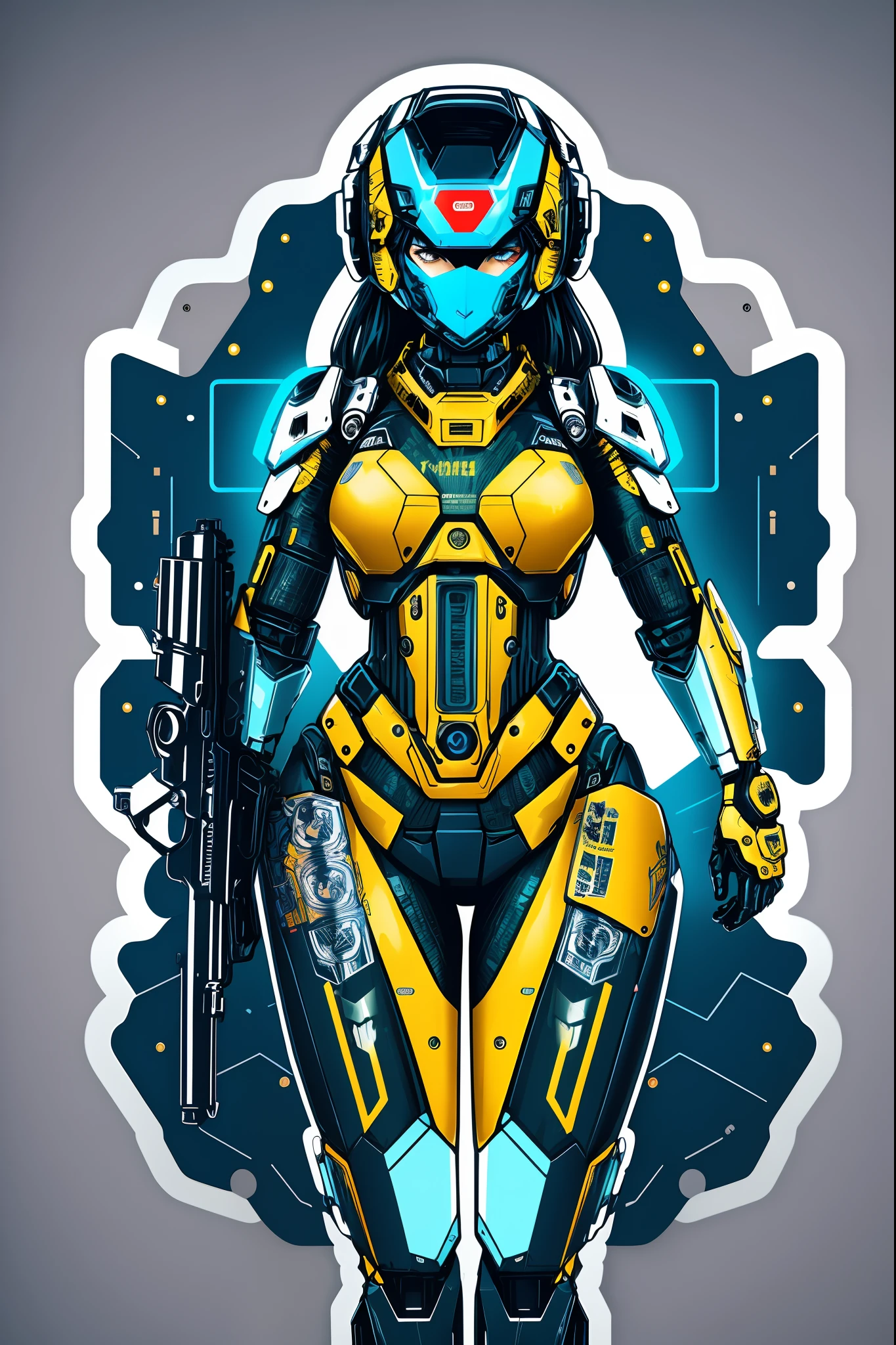 ((stickers)), 1girl, holding a gun,A futuristic,Futuristic sci-fi mecha style, (masterpiece:1.2), (best quality), (ultra detailed), (8k,, intricate),(highly detailed:1.2)