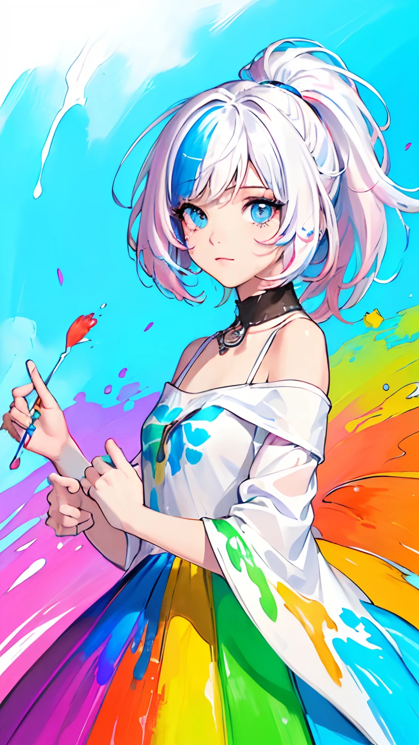 （Pink Fashion T-shirt：1.9），(Colorful hair: 1.8), (all the colours of the rainbow: 1.8),(((((vertical painting：1.6))), （painting：1.6），front, comics, illustrations, paintings, large eyes, crystal clear eyes,（ rainbow color gradient high ponytail：1.7）, exquisite makeup, closed mouth,(Small Fresh: 1.5),(Wipe Chest: 1.6) ，long eyelashes, white off shoulder T-shirt,  White Shoulder Shirt，looking at the audience, large watery eyes, (rainbow colored hair：1.6), color splash, （solo：1.8）, color splash, color explosion, thick paint style, messy lines, ((shining))，(colorful), (colorful), (colorful), colorful, Thick Paint Style, (Splash) (Color Splash), Vertical Painting, Upper Body, Paint Splash, Acrylic Pigment, Gradient, Paint, Highest Image Quality, Highest Quality, Masterpiece, Solo, Depth of Field, Face Paint,  colorful clothes, (Elegant: 1.2), gorgeous,long hair, wind, (Elegant: 1.3), (Petals: 1.4)，(((masterpiece))),(((best quality))),((ultra-detailed)),(illustration),(dynamic angle),((floating)),(paint),((disheveled hair)),(solo),(1girl) , (((detailed anima face))),((beautiful detailed face)),collar,bare shoulders,white hair, ((colorful hair)),((streaked hair)),beautiful detailed eyes,(Gradient color eyes),(((colorful eyes))),(((colorful background))),(((high saturation))),(((surrounded by colorful splashes))),