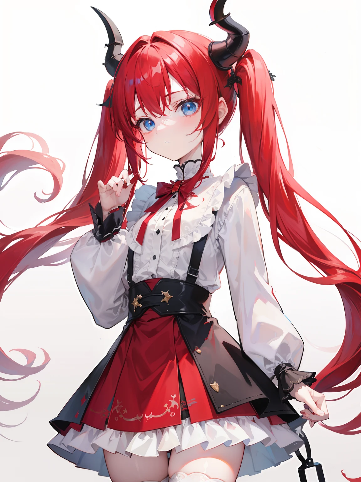 red hair,blue eyes,twintails, long hair, long sleeves, gothic, solo, loli,Short skirt, white stockings,{{best quality}}, {{masterpiece}}, {{ultra-detailed}}, {illustration}, {detailed light}, {an extremely delicate and beautiful},little girl,cute,dragon horns
