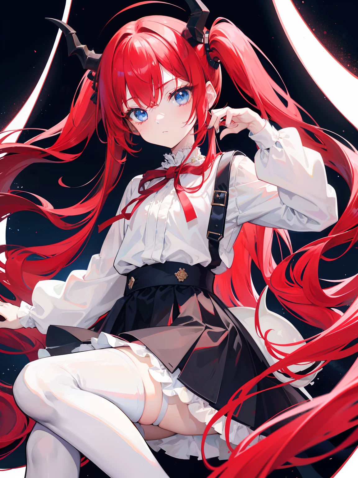 red hair,blue eyes,twintails, long hair, long sleeves, gothic, solo, loli,Short skirt, white stockings,{{best quality}}, {{masterpiece}}, {{ultra-detailed}}, {illustration}, {detailed light}, {an extremely delicate and beautiful},****** girl,cute,dragon horns