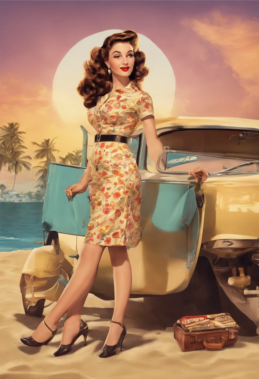 Evening sunset,in the style of Pin Up, actress tamanna, higly detailed,Colorful pin-up art, art style, kodak portra 400, cinematic, (smiling:0.6), 60s American pinup, art style, nude, solo, European, Retro vintage art print, poster of a sexy, glamorous pin-up girl, full body shot, fully in frame, full-body_portrait, full-length_portrait, fully_in_frame vintage, 50 mm, retro art, advertisment poster,