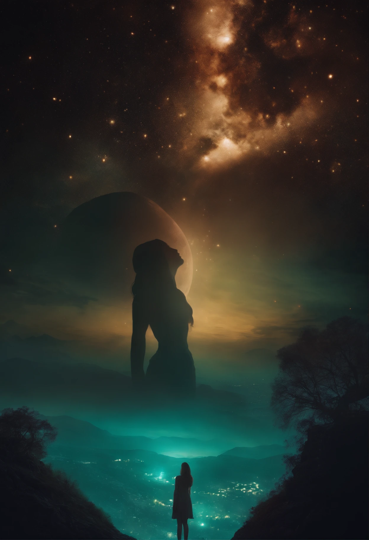 Megalophobia. Beautifuls girls looking down on earth, eye in the sky, shady figures looking up, eerie, Creepy, nightmarish, Very bright colors, Light particles, with light glowing, Mshiff, wallpaper art, UHD wallpaper