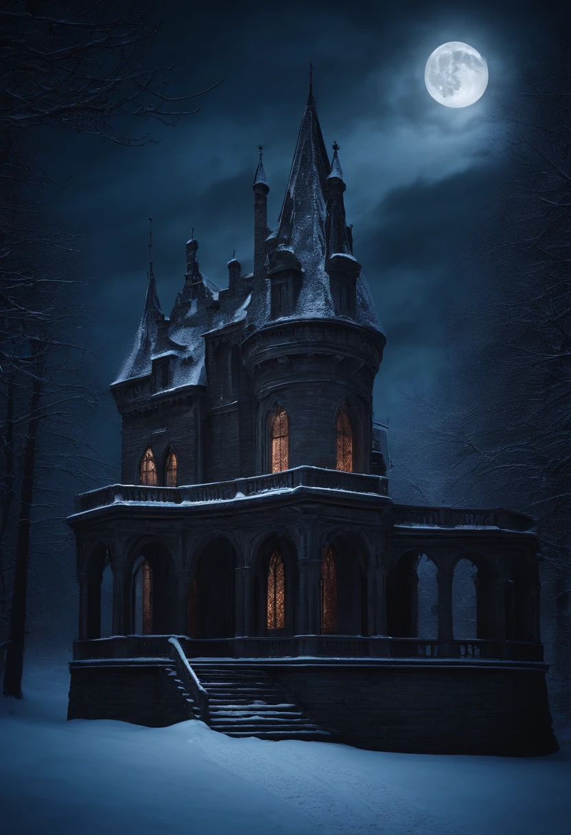 gothic castle balcony at midnight in the snow with moon rising overhead, beautiful, vampiric, eerie, mysterious, cinematic, 8k, footsteps in snow, dark, cinematic, scene from film, in the style of Dion Beebe