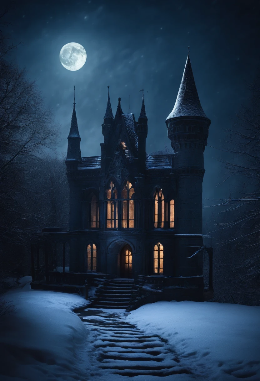 gothic castle balcony at midnight in the snow with moon rising overhead, beautiful, vampiric, eerie, mysterious, cinematic, 8k, footsteps in snow, dark, cinematic, scene from film, in the style of Dion Beebe