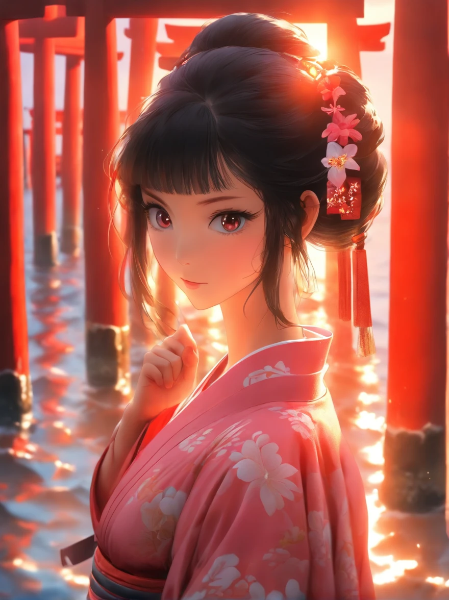 a girl, long black hair, red eyes, wearing pink kimono, ocean reflection, torii gate absurdres, high res, ultrasharp, 8K, masterpiece, looking at viewer, photorealistic, cinematic lighting