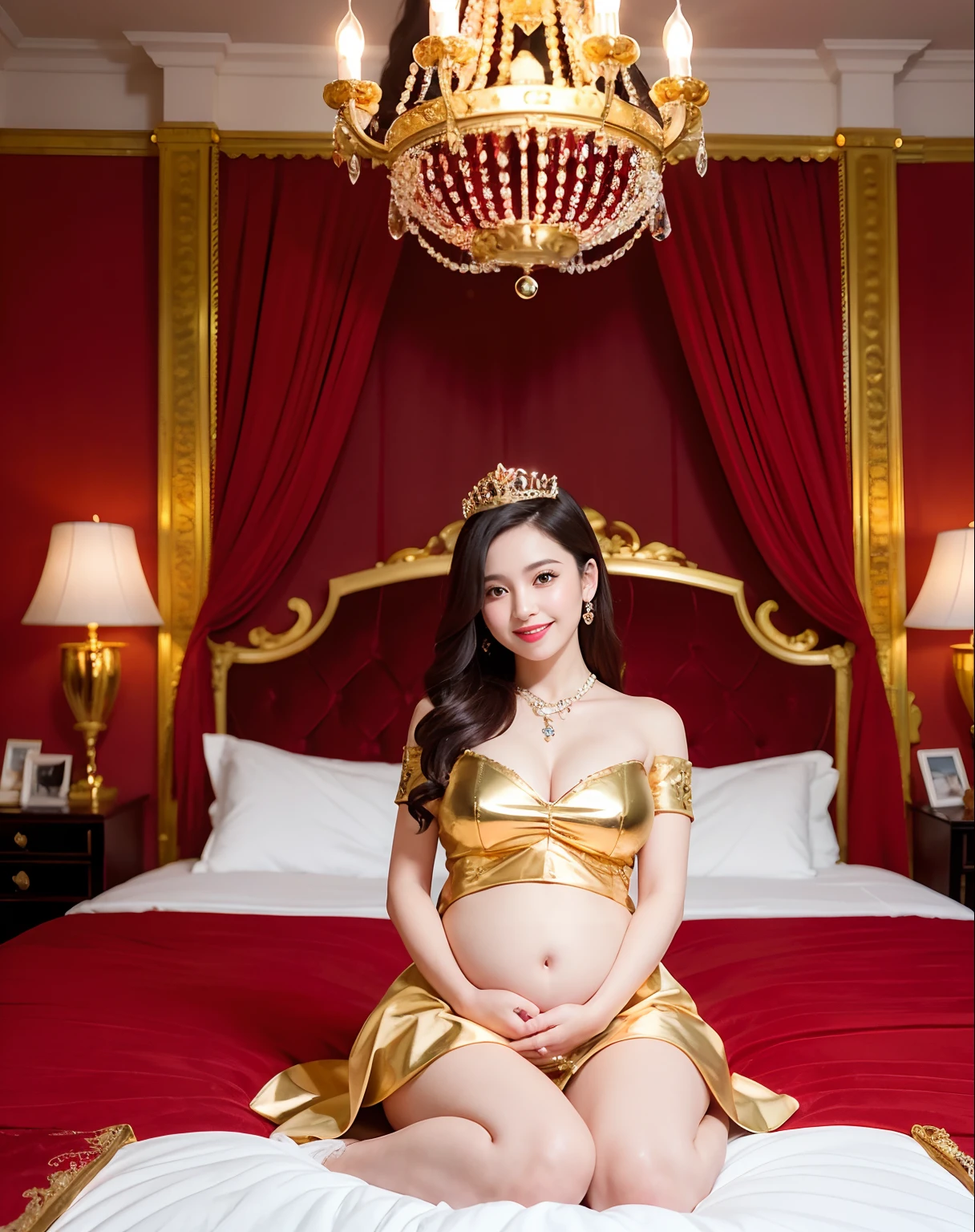 ((1 pregnant woman,Pregnant women in Japan,Very big belly,Pregnant princess))(((Expensive VIP room in a gorgeous royal family,Princess Room,The most gorgeous room,Red&Gold Room,Red and gold background,Sit on the king's bed,Luxuriously furnished beds,Sit on the most gorgeous bed,Huge bed,Complete interior of luxurious royal bedrooms,Everything is a gorgeous background,Luxuriously furnished beds,Large room,Detailed chandelier,Luxury beyond imagination,Inside the Royal Palace, The most gorgeous decorations in the world,Room decorated with many ornaments, ornate decorations,Dazzling light, Golden decoration,gorgeous decoration、Embroidered crimson velvet,Beautiful canopy、very elegant,High ceiling with crystal chandeliers suspended)))((Phenomenally cute schoolgirl、Gorgeous uniforms、tiarra,Perfect tiara,Gorgeous Wedding Costumes,The cutest woman,Women's Uniforms,Golden Decoration,artistic décor,Wearing a glamorous uniform、a short skirt、 goddess of Japan, Sexy Girl,large full breasts, Chest that looks like it's going to burst, Phenomenal cuteness))、((See the perfect camera here,Big smile,Clean teeth,perfect teeth,White teeth,finerly detailed face,face perfect,The most beautiful faces in the world,Perfect fingers,Perfect hands,Accurate 5 fingers,Wavy elegant medium hair)),View here,Open crotch、panty visible、Nice skin、glistning skin、lovely thighs、glowing thigh、shining legs、tmasterpiece，hight resolution，1girll，Beautiful expression，Red High Gloss Lipstick，Physical，dingdall effect，realisticlying，Dark Studio，edge lit，two tone lighting，（highdetailskin：1.2），8K Ultra HD， Digital SLR, softlighting, hightquality, volumettic light, Sneak Shots, Photore, hight resolution