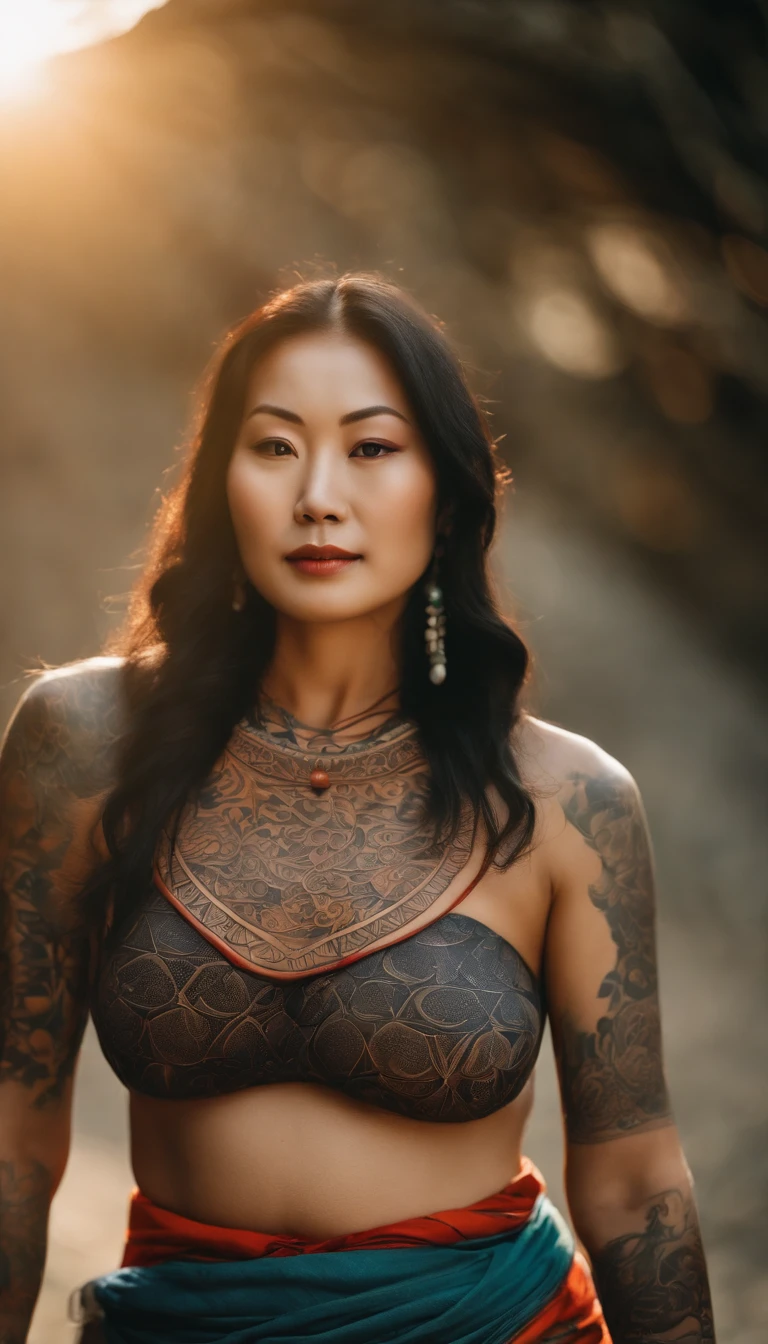 Tattooed woman、Tattoos with multiple round lines、large boob、Big belly、big butts、Standing facing the front、Photo above from the thigh、realisitic、Crisp double eyelids、A Japanese Lady、Ainu people、With the sun behind、