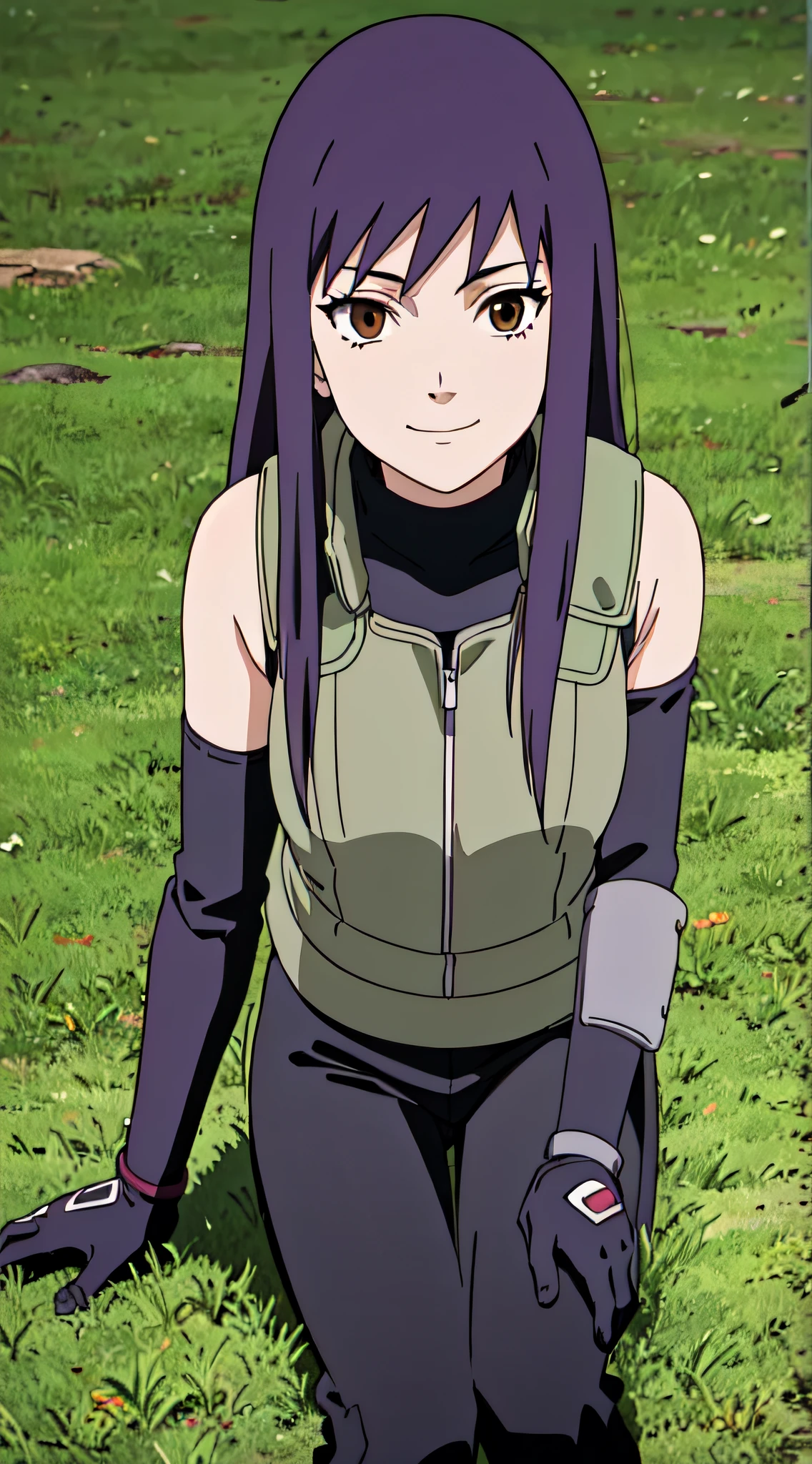 YUUGAO,1GIRL,SOLO,PURPLE HAIR, BROWN EYES, LONG HAIR,SIDELOCKS, CLOSED GREEN VEST,HIGH COLLAR,GREY ARM GUARDS,BLACK ELBOW GLOVES,BLACK SHIRT, SLEEVELESS,TURTLENECK,BLACK PANTS, BLACK TOELESS BOOTS, 1girl, solo, facing viewer, looking at viewer, smile.