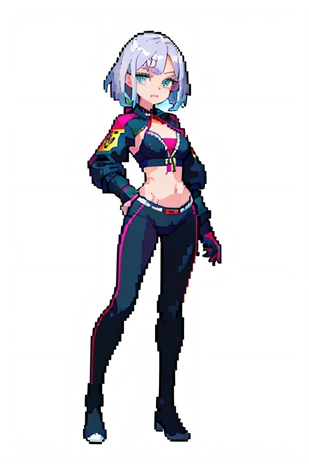 (masterpiece, top quality, best quality, less detail, 16-bit color,128x128 pixel), pixel,pixel art, 1girl,full body,attack pose, US style, poor jacket, game asset, silver hair, vampire element, bikini on top, short pant, android suit, glassed