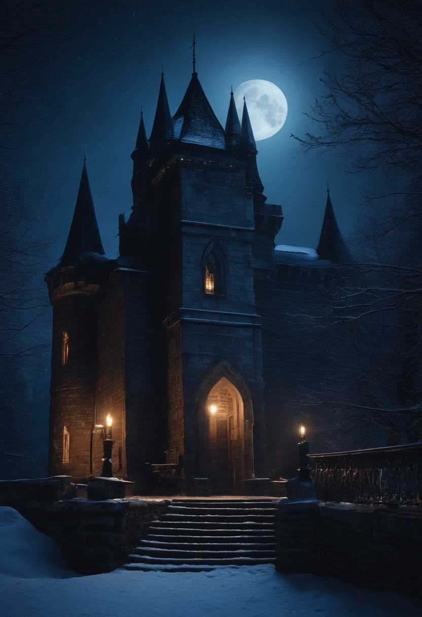 gothic castle balcony at midnight in the snow with moon rising overhead, beautiful, vampiric, eerie, mysterious, cinematic, 8k, footsteps in snow, dark, cinematic, scene from film