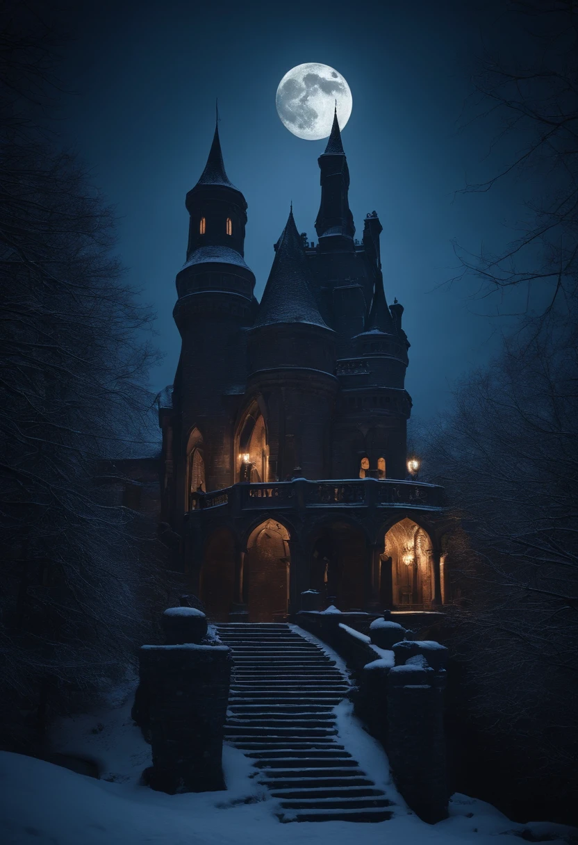 gothic castle balcony at midnight in the snow with moon rising overhead, beautiful, vampiric, eerie, mysterious, cinematic, 8k, footsteps in snow, dark, cinematic, scene from film