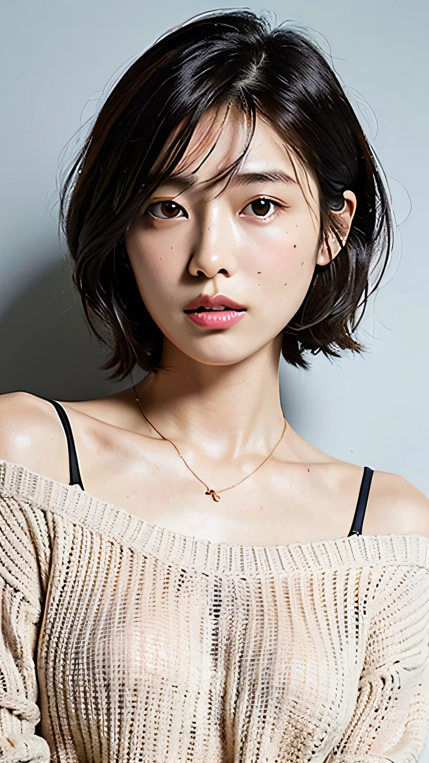 (Best Quality, 8k, 32k, Masterpiece, UHD: 1.2), Cute Woman Pictures, Big Breasts, Very Short Bob Hair, Upper Body, Face Focus, oversized_sweater, Necklace, Simple Background,