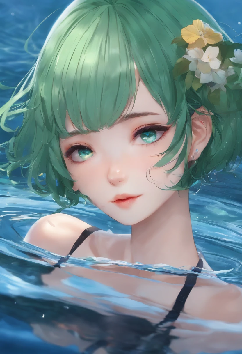 (Masterpiece, Top Quality, Best Quality) (1 Girl Solo), (Resolute Eyes), Earrings, laying on water, 1girl, gaze, gaze style, gaze girl, wear swimsuit, from above, arms up, expose armpits, laying, night, pink neon eyes, blushing, dark, laying in water, wet, on beach
