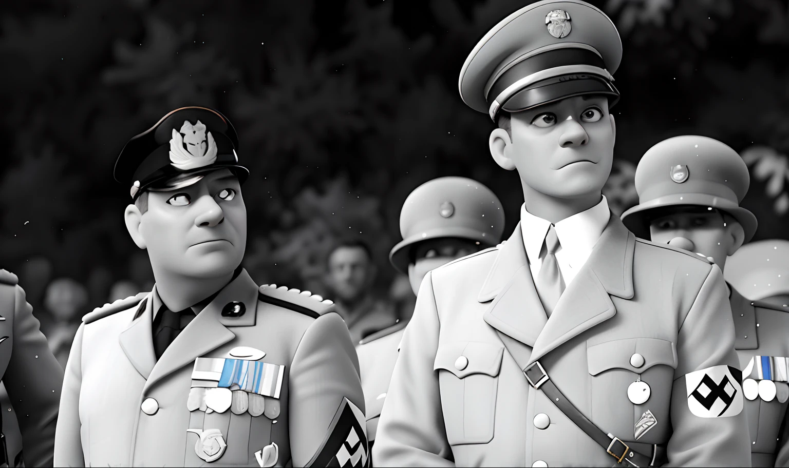 arafed image of a group of men in uniforms standing next to each other, inspired by Adolf Dietrich, adolf hitler, fascist, hitler, ww2 historical photo, inspired by Adolf Born, fascist composition, historical image, biopic, inspired by Adolf Ulric Wertmüller, fascist police, adolf wolfli, adolf wolfli and donato giancola,cartoon styled looking