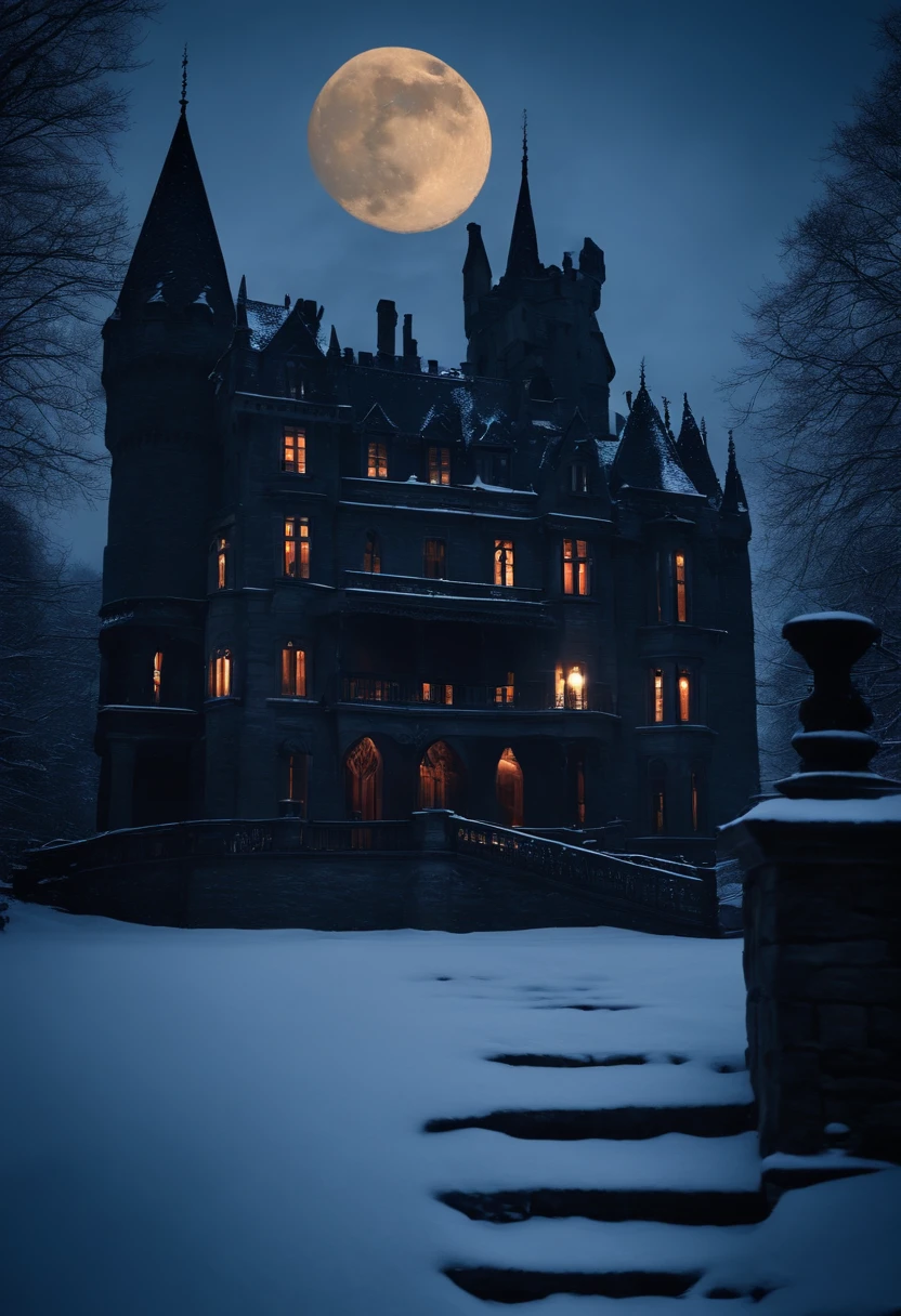 castle balcony, midnight in the snow with moon rising overhead, gothic, beautiful, vampiric, eerie, mysterious, cinematic, 8k, footsteps in snow, dark, cinematic, scene from film