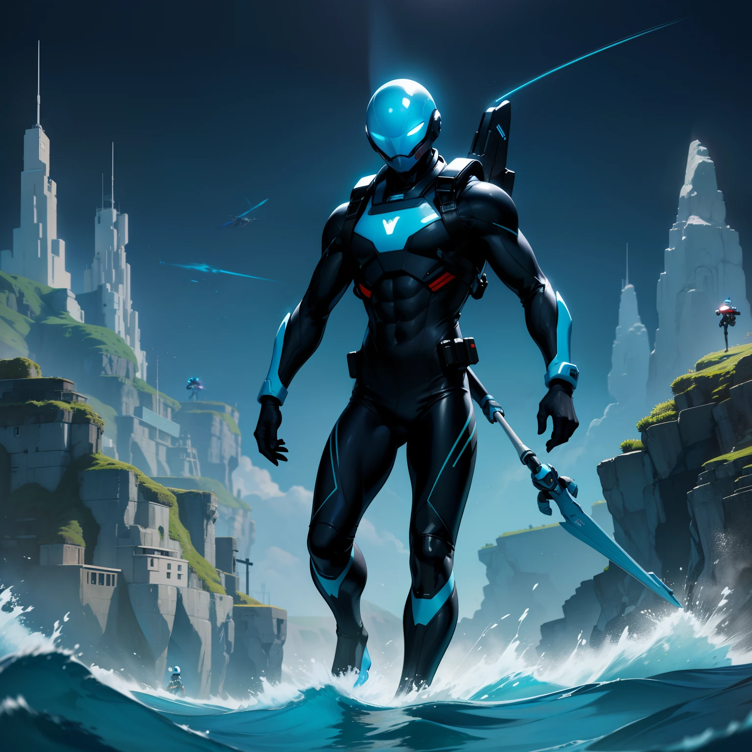 Male alien with light blue skin，Wearing a dark blue high-tech wetsuit，detail-rich，Shallow water helmet，Put on a jetpack，Harpoon in hand，The background is deep water，the ocean，islands。Alien building village。