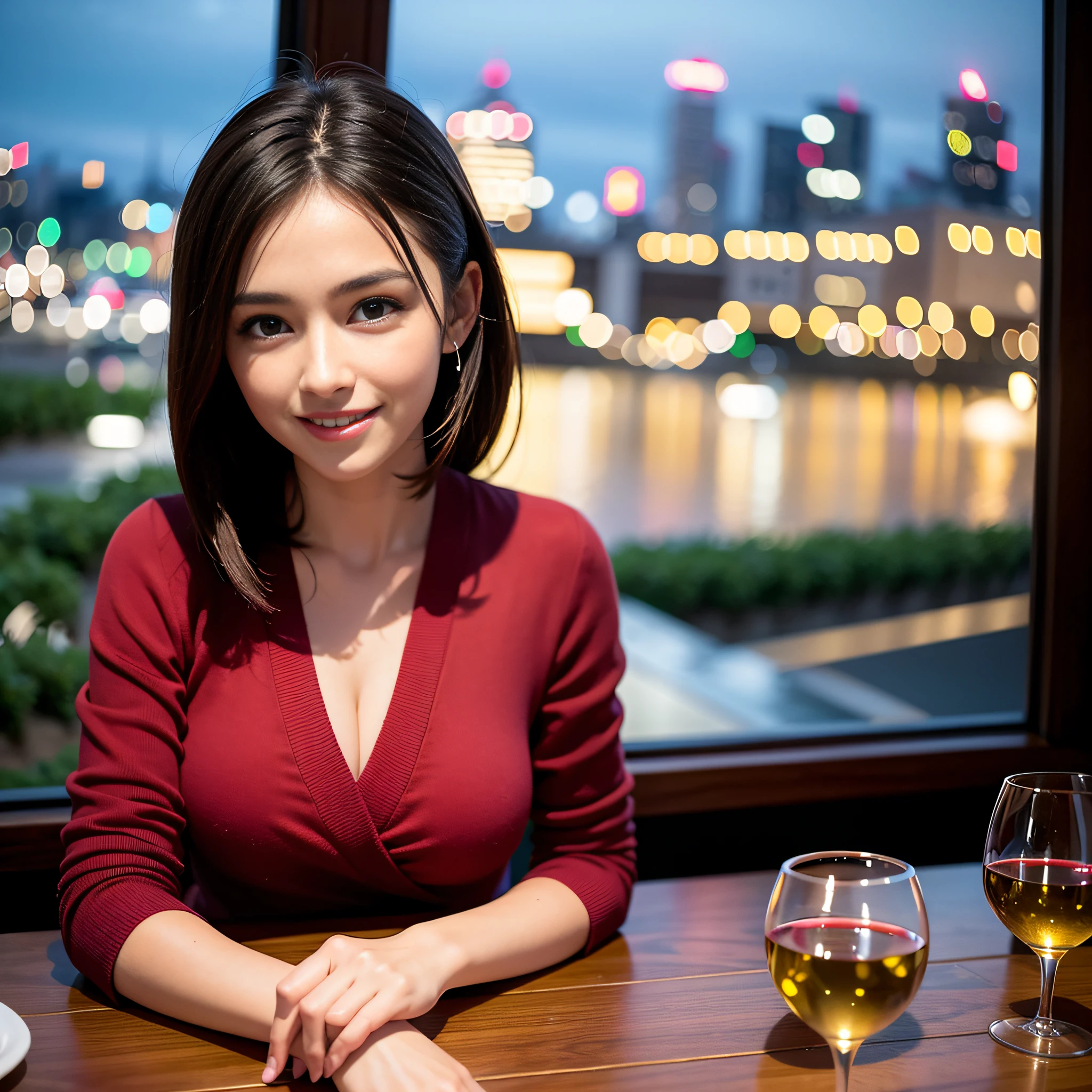 (64K, UHD, top quality, masterpiece: 1.2), (realistic, photorealistic: 1.37), super detailed, pretty woman 1 person, (slim face), (slim body), (brown hair), (short cut), cheeks slightly blushing, (35 years old), 38 years old, solo, beautiful detailed urban night view outside the window, restaurant, wine glasses sit, at night, in a prominent place (from the waist up) NovaFrogStyle, Actress, Model, Waist Up, White Wine, Slim, Wine Glass, Super Clean Night View, Wine Glass Put in the Middle, Happy Smile, (Smile: 1.15), Beautiful Fine Eyes, Upper Body, Bust Japan Up, Night, Short, Short, Actress, Model, Waist Up, White Wine, Slim, Wine Glass, Super Clean Night View, Wine Glass Put in the Middle, Happy Smile,