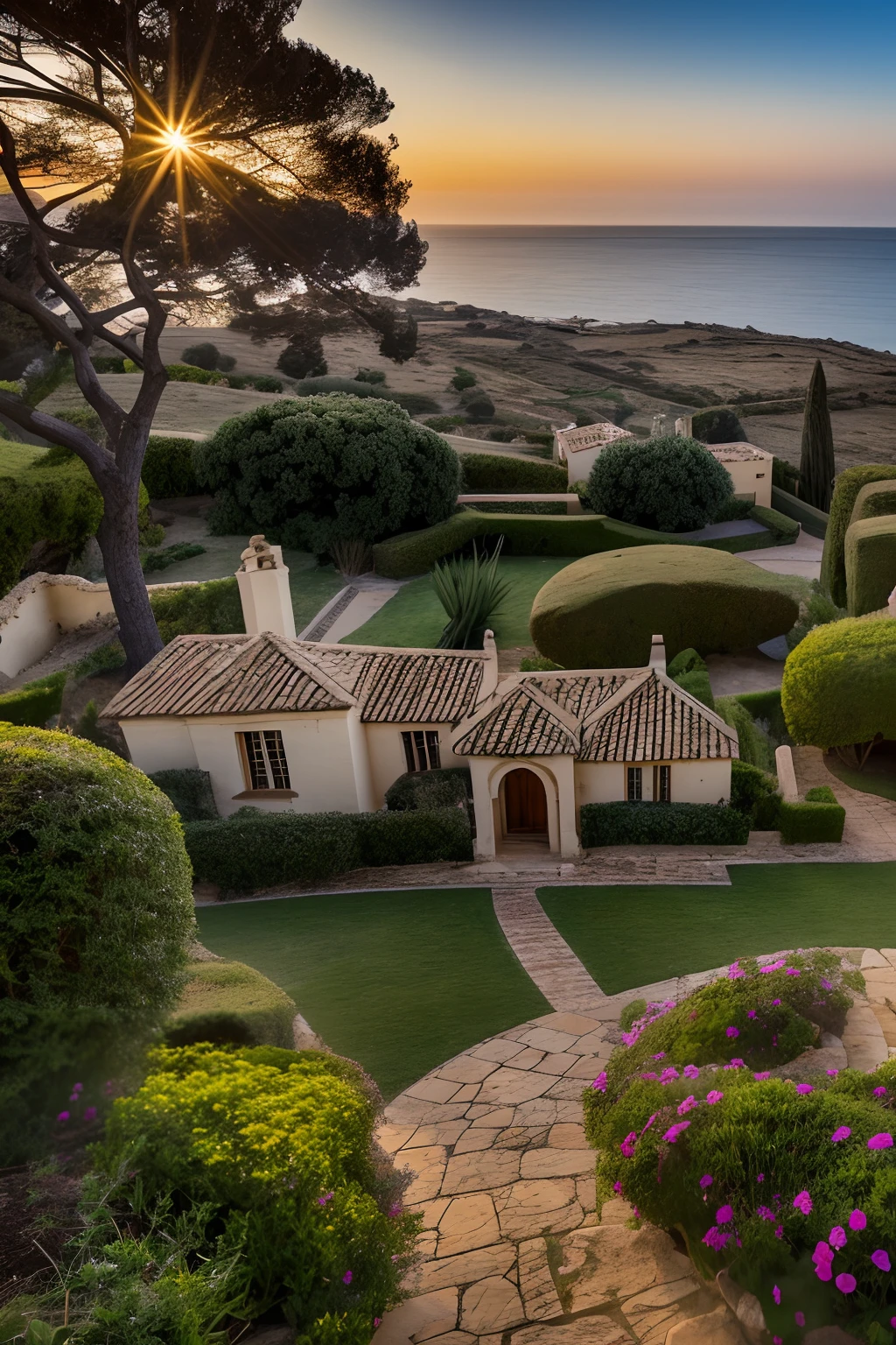 Stately home, on a steep hill, Coastal sunset landscape, highly detailed, photography of Cyprus, inspired by the style of Ken Duncan well known as the pioneer of landscape in Cyprus, making use of dodging and burning to edit a landscape image