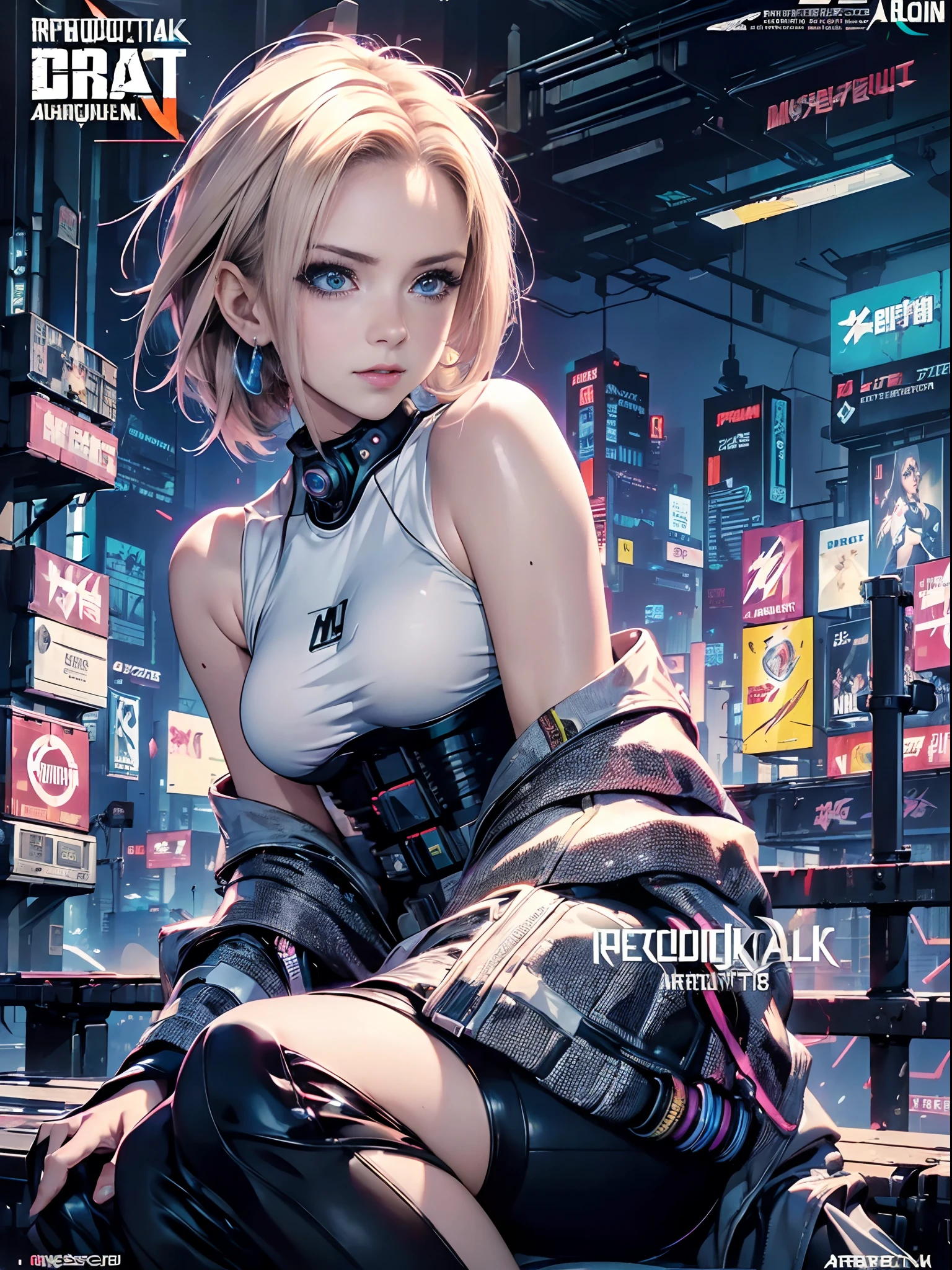 (photo realistic:1.4), (hyper realistic:1.4), (realistic:1.3), (smoother lighting:1.05), (increase cinematic lighting quality:0.9),(((Cyberpunk  magazine covers))),glossy cover,Android 18 from Dragon Ball,Rainbow Color