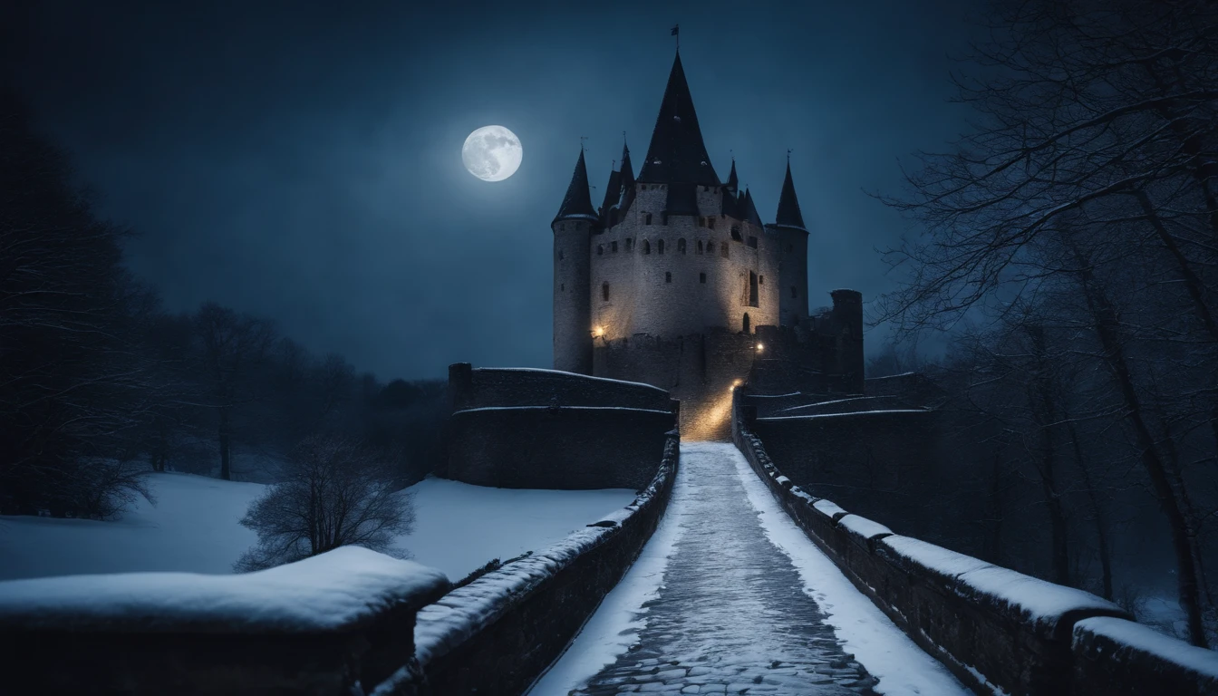 medieval castle balcony, midnight in the snow with moon rising overhead, gothic, beautiful, vampiric, eerie, mysterious, cinematic, 8k, footsteps in snow, dark, cinematic, scene from film