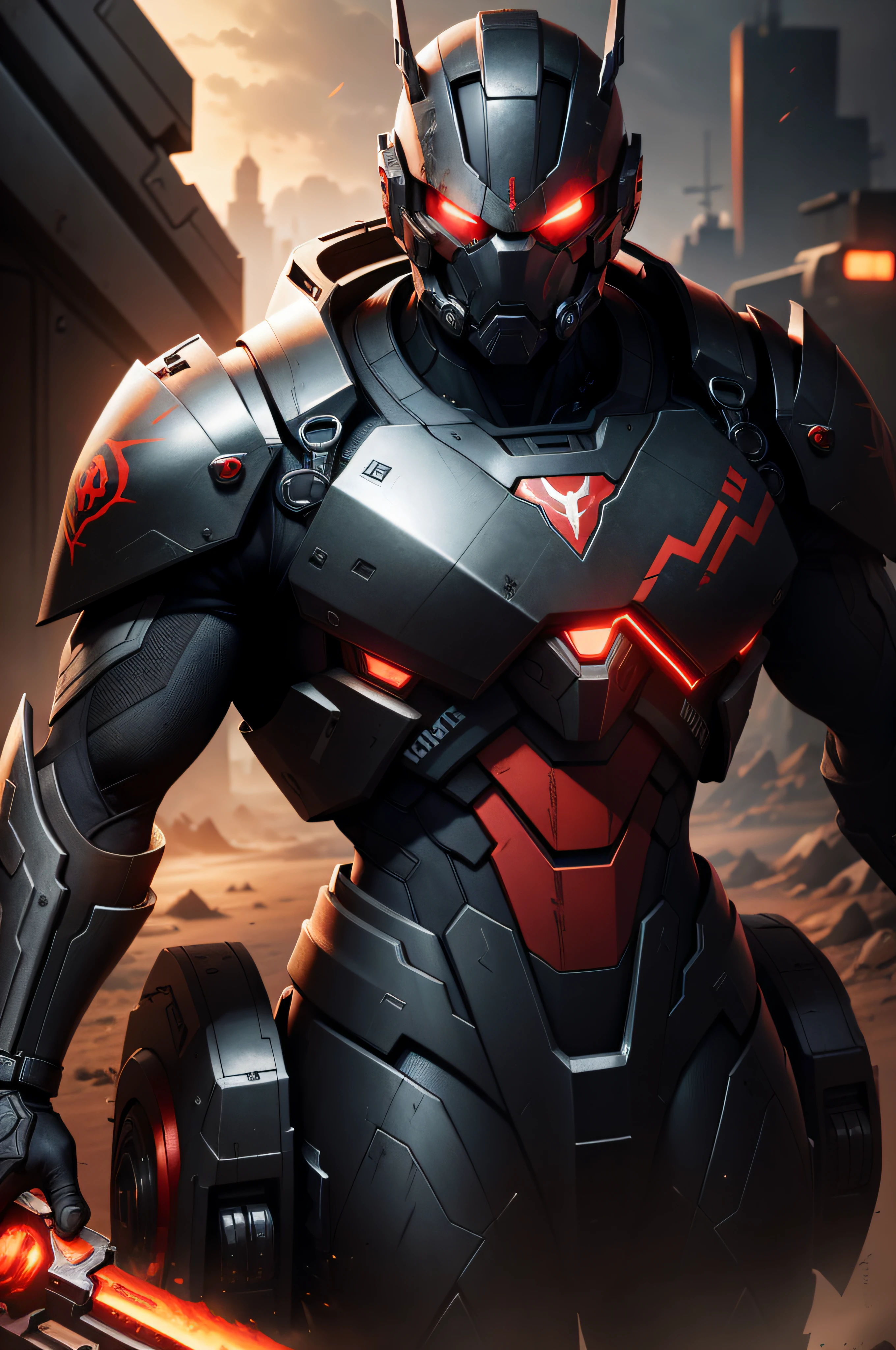 ShadowPlayerX Warzone styl , 8k wallpaper , with war in the back , ultra high quality image , With X letter on his metal gear , red eyes led , like transformer